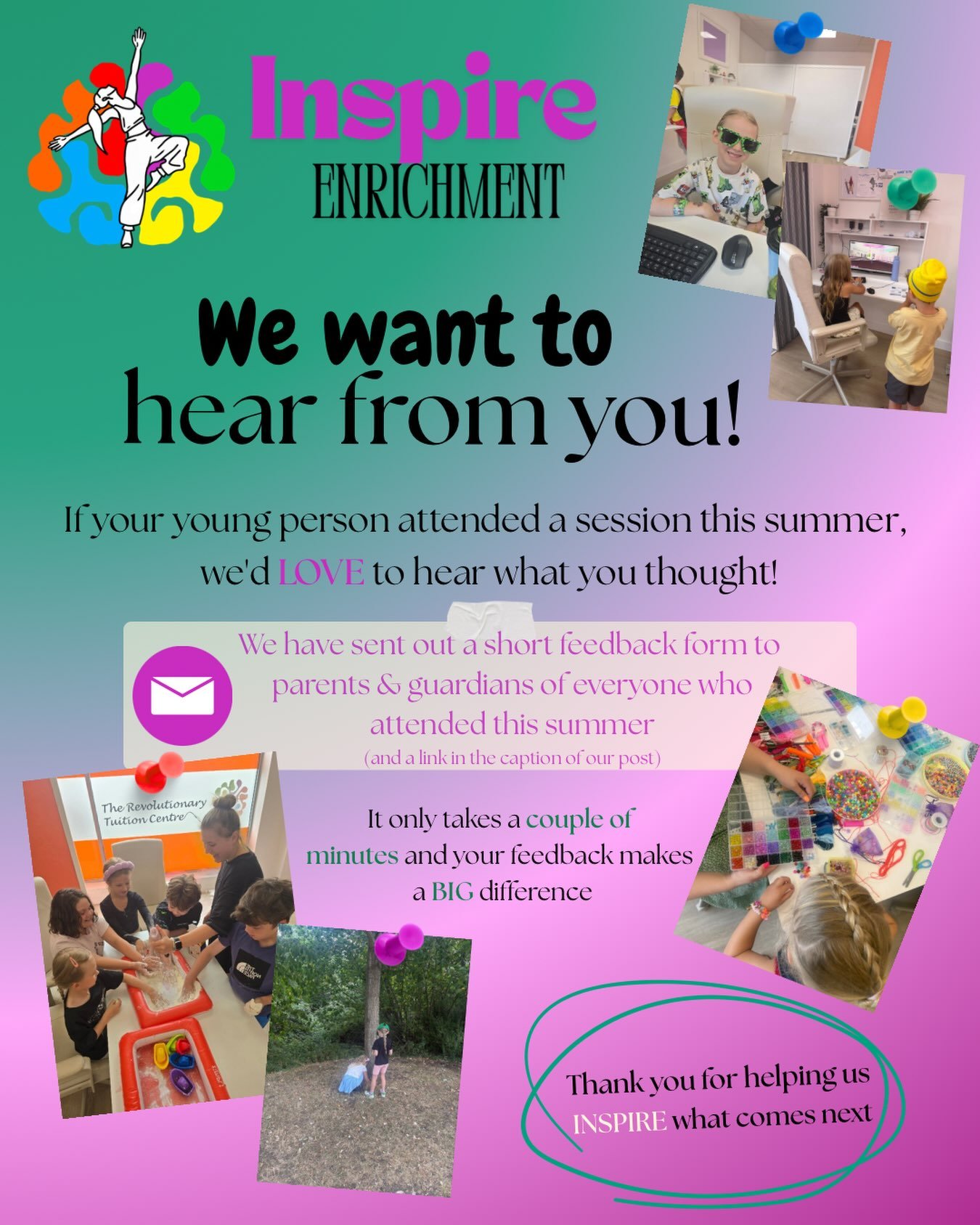 We want to hear from YOU💜

If your young person joined us for one of our sessions this summer, we would LOVE to know what they (and you) thought🌈✨

We&rsquo;ve sent out a short feedback form to parents &amp; guardians, and it only takes a couple of