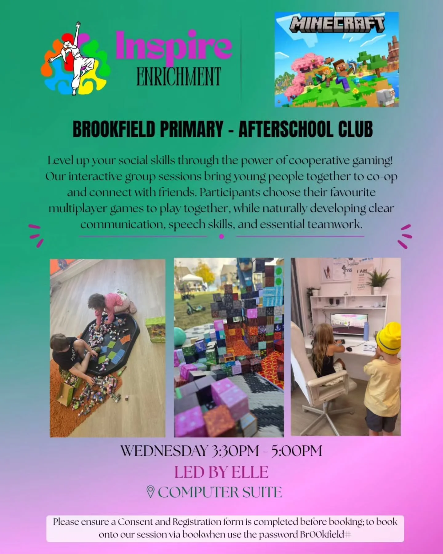 ✨️ Back by popular demand, we are now expanding, starting NEXT WEEK ✨️

Minecraft Makers is coming to Brookfield Primary School! If you have a child attending this school, booking is now open.

🟦 Bookwhen 
https://bookwhen.com/inspire-enrichment-boo