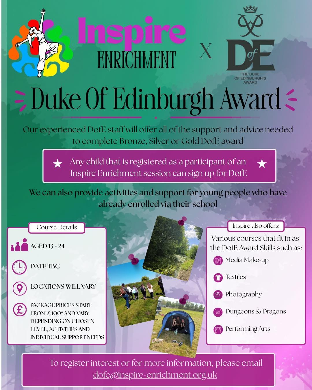 THE DUKE OF EDINBURGH AWARD AT INSPIRE ENRICHMENT 🏕️

We&rsquo;re excited to announce that Inspire Enrichment now offers support for young people working towards their Duke of Edinburgh&rsquo;s Award, alongside a range of inclusive opportunities des