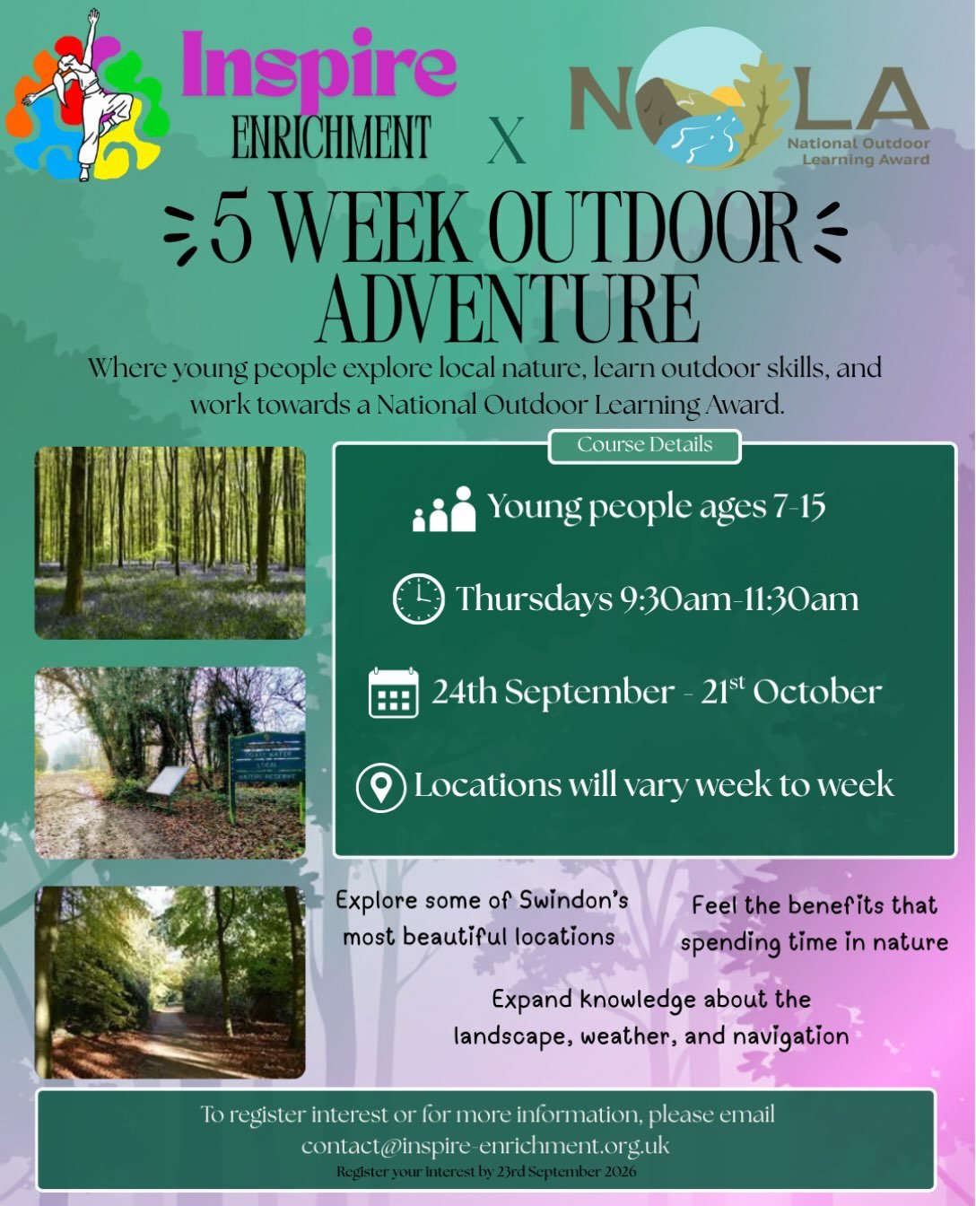 5 WEEK OUTDOOR ADVENTURE 🌿

We are very excited to be able to offer the National Outdoor Learning award (NOLA) to young people in Swindon, bringing you a brand new 5 week outdoor based course full of fun and adventures 🌳

Designed for young people 