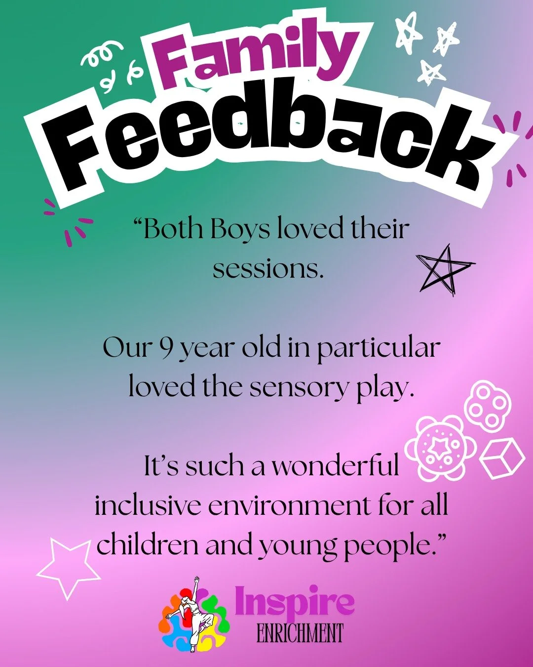 FAMILY FEEDBACK FRIDAY! 💬

After our Summer of Inspiration; we sent out a survey to parents and have absolutely loved hearing from the families of those who attend! 🥰

It&rsquo;s so lovely to hear that the boys had a great time at the sessions that