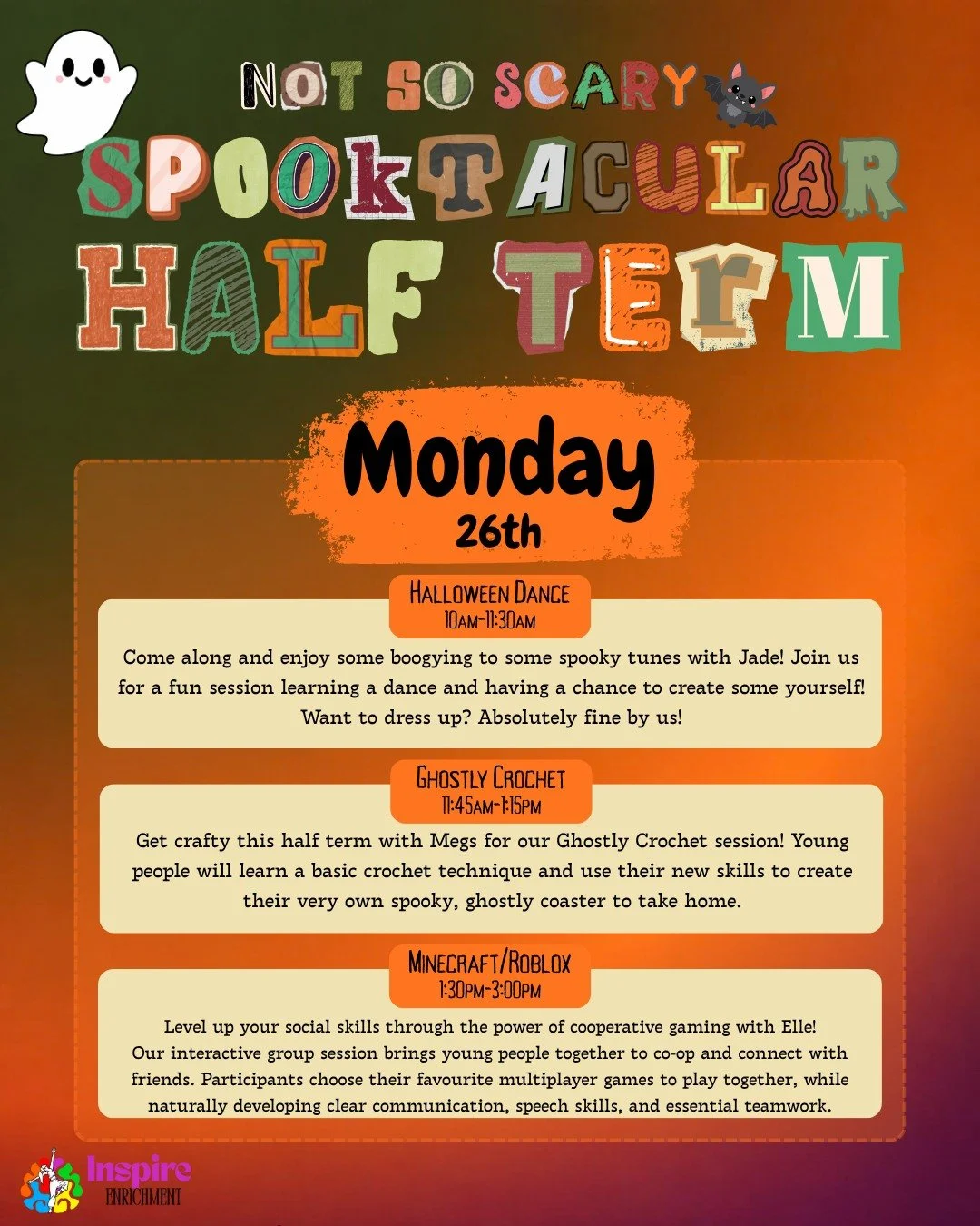 What can you expect from our Not So Scary Spooktacular Half Term sessions? 👻🎃

Take a scroll through our half-term activities to discover what each session has in store and find the perfect spooky adventure for your young person! 🕸️🦇

Whether the