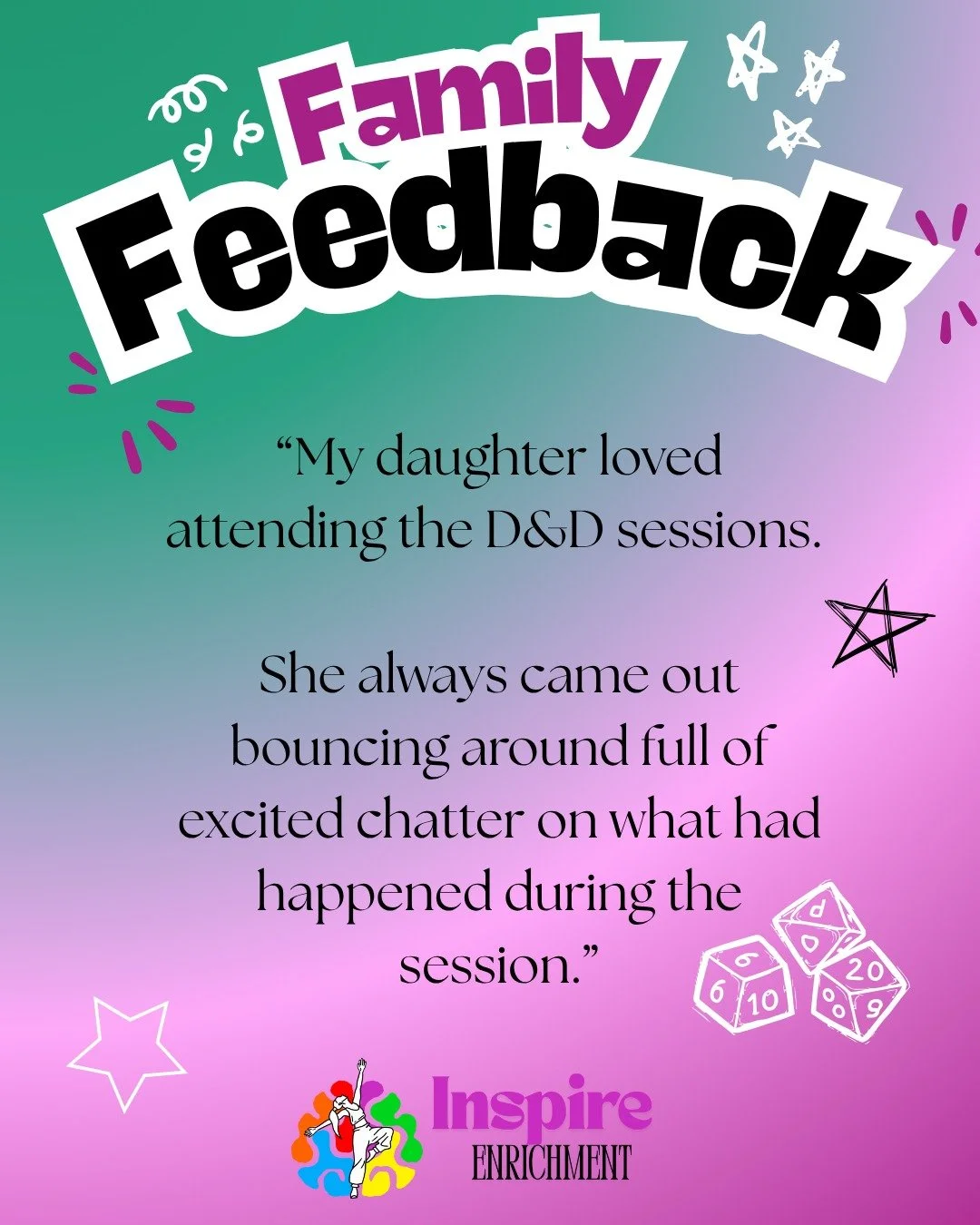 FAMILY FEEDBACK FRIDAY! 💬💚

We&rsquo;re back with another of our lovely Family Feedback posts, including a review received from our Inspire families! 🥰✨

It&rsquo;s wonderful to hear how much young people are enjoying their time with us, from gett