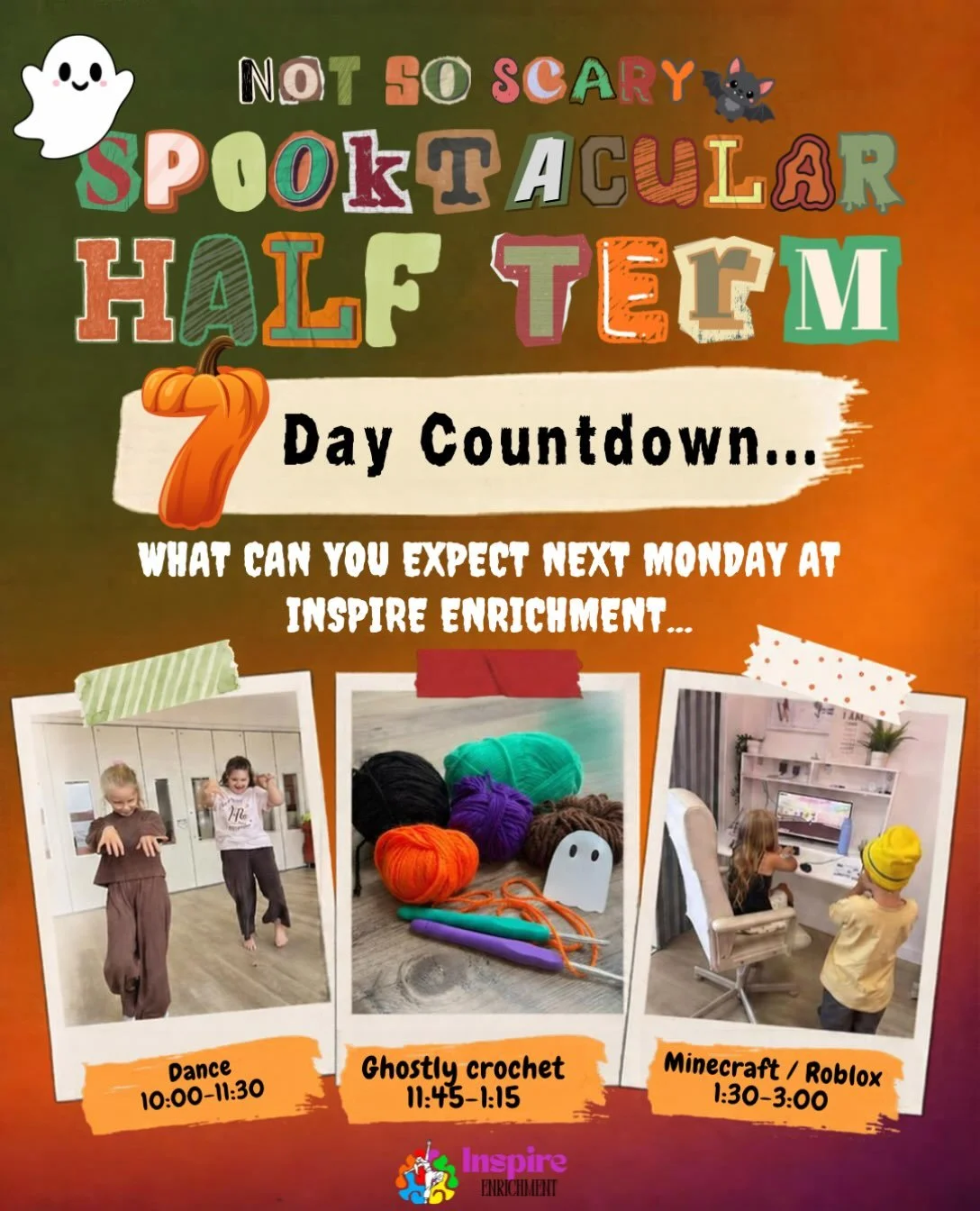 The 7 day countdown is on&hellip; THE NOT SO SCARY SPOOKTACULAR IS ALMOST HERE! 🧡👻

Here&rsquo;s a little peek at what you can expect next Monday at Inspire Enrichment! ✨ Not booked yet? BOOK NOW!! 🎃

From dancing and getting creative to gaming wi