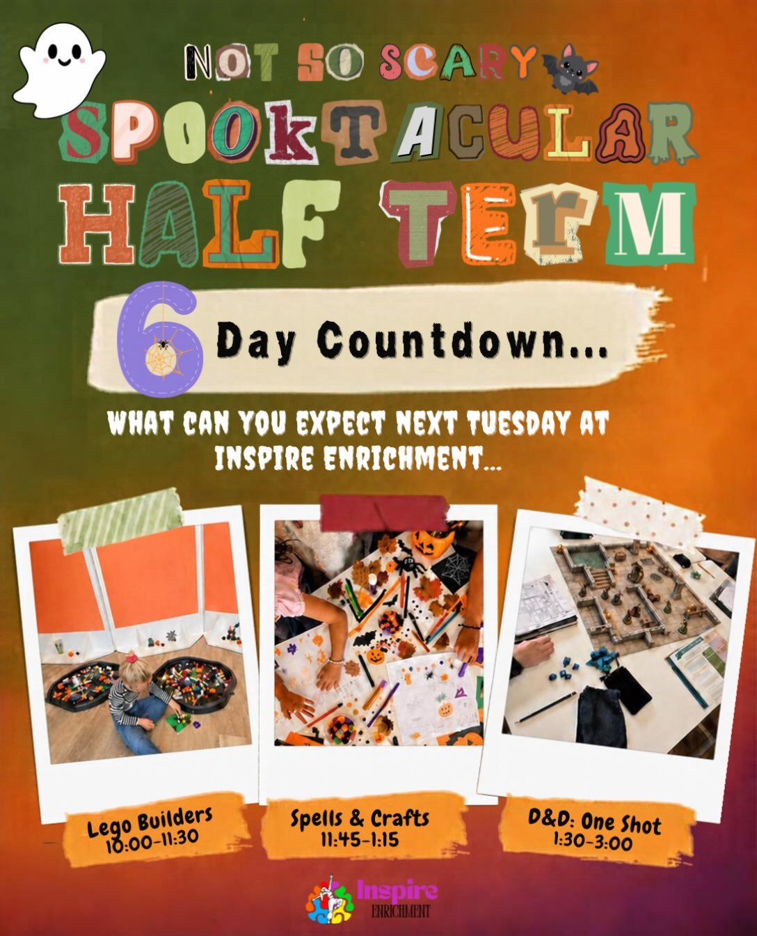 6 DAYS TO GO&hellip; THE NOT SO SCARY SPOOKTACULAR IS GETTING CLOSER! 🧡👻

1 week until our Tuesday activities which consist of some very exciting, creative and fun sessions!✨

We have tried our best this half term to offer something for everyone! A