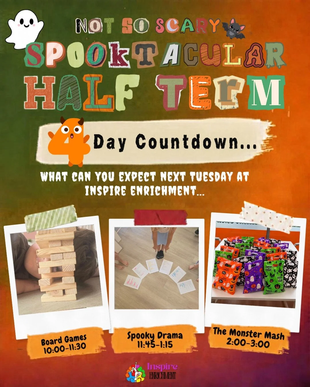JUST 4 DAYS TO GO!! 🎃🧡

The half term is getting closer and closer&hellip; 👀 
So who is ready for some not so scary spooktacular sessions at Inspire Enrichment?!✨

Next Thursday we have Board Games, Spooky Drama and finishing off the week with... 