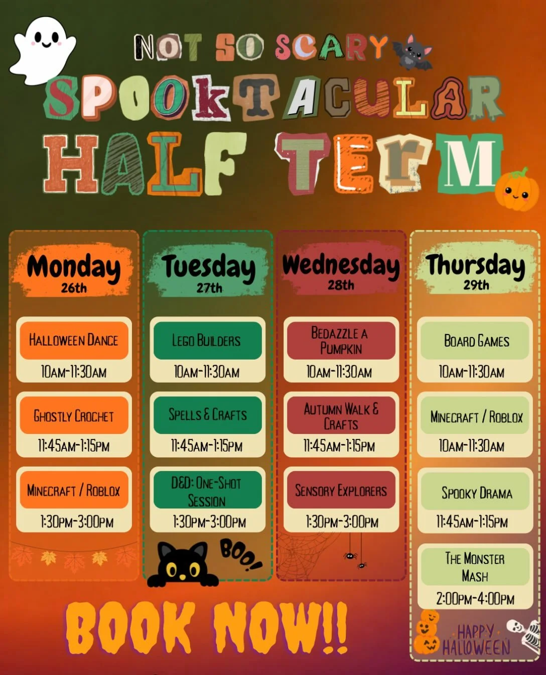 Tomorrow is the start of a jam packed week! 👻🎃

Our Not So Scary Spooktacular Half Term is here, and we can&rsquo;t wait to welcome everyone for a week full of seasonal fun, creativity and adventures! 🧡🕷️

From Halloween dance and ghostly crochet