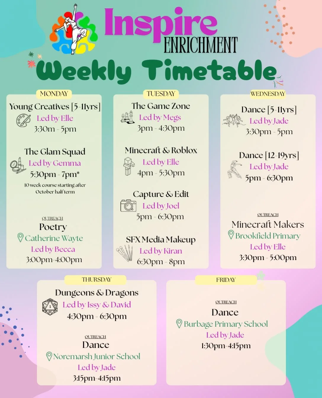 Next terms timetable is NOW LIVE to book ✨🤍

We have a variety of classes throughout the week from D&amp;D to Dance&hellip; AND our Glam Squad starting from the 9th November 💄💋

Last terms classes were full of fun, laughter and creativity and we c