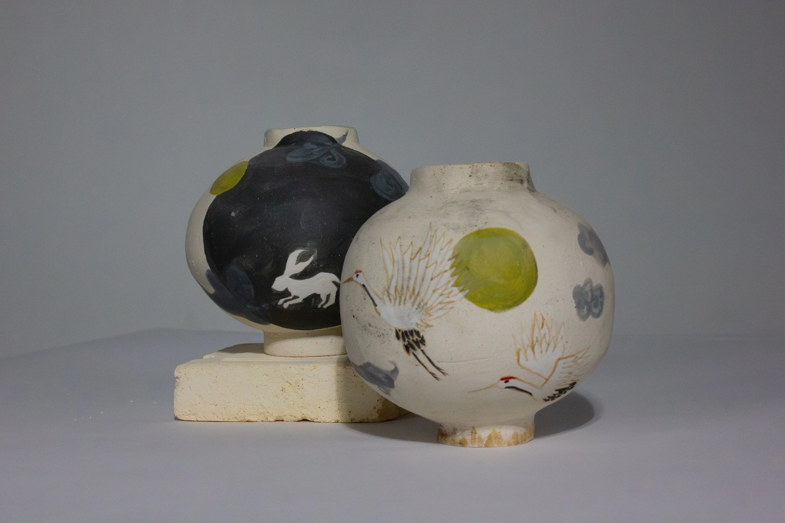 "Leaping Bunny Jar" (Right) and "Twin Cranes Jar" (Left), 2026