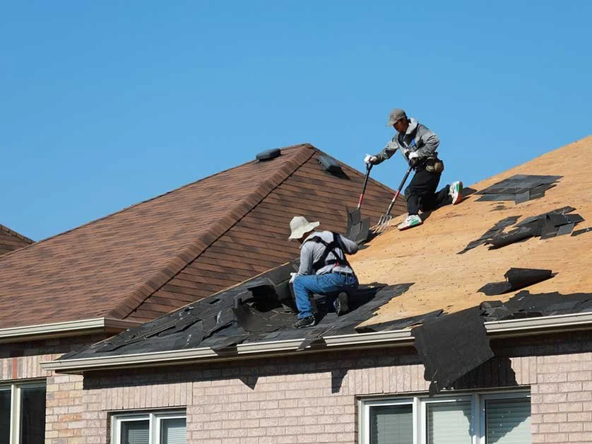 Two workers on a residential roof replacing or repairing shingles under a clear blue sky.