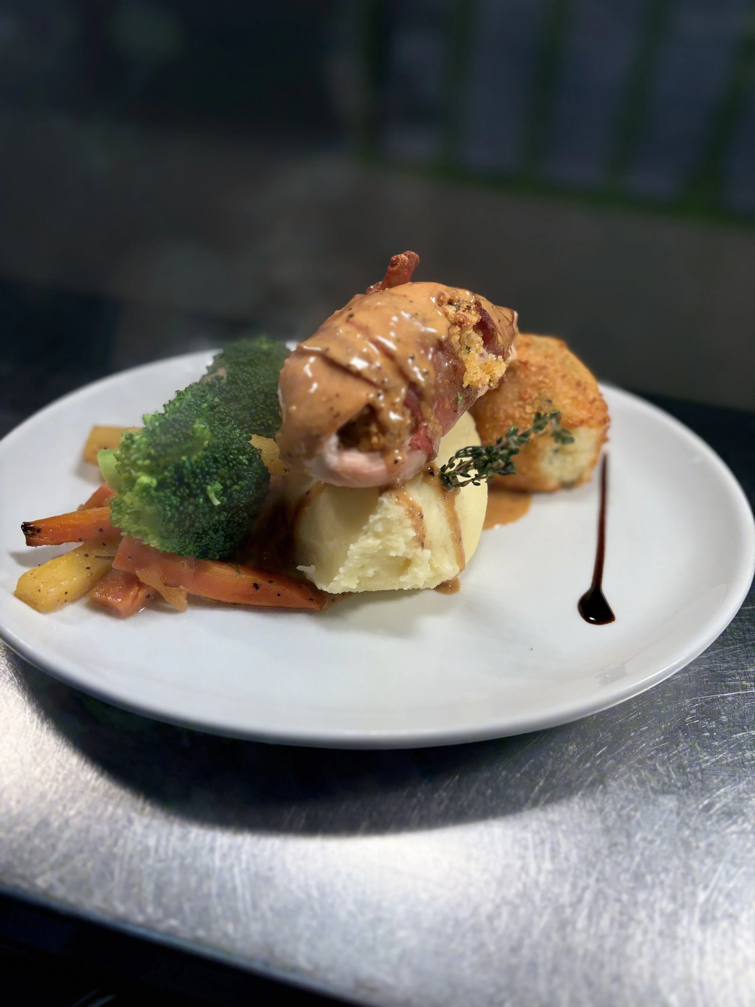 Stuffed Chicken Fillet, with a Chorizo and Sundried Tomato Stuffing with a Pink Peppercorn Sauce.
