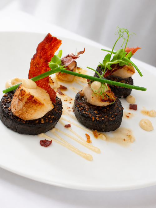 Pan Seared Scallops served on Black Pudding with Parsnip Purée and Parma Ham Crisp.