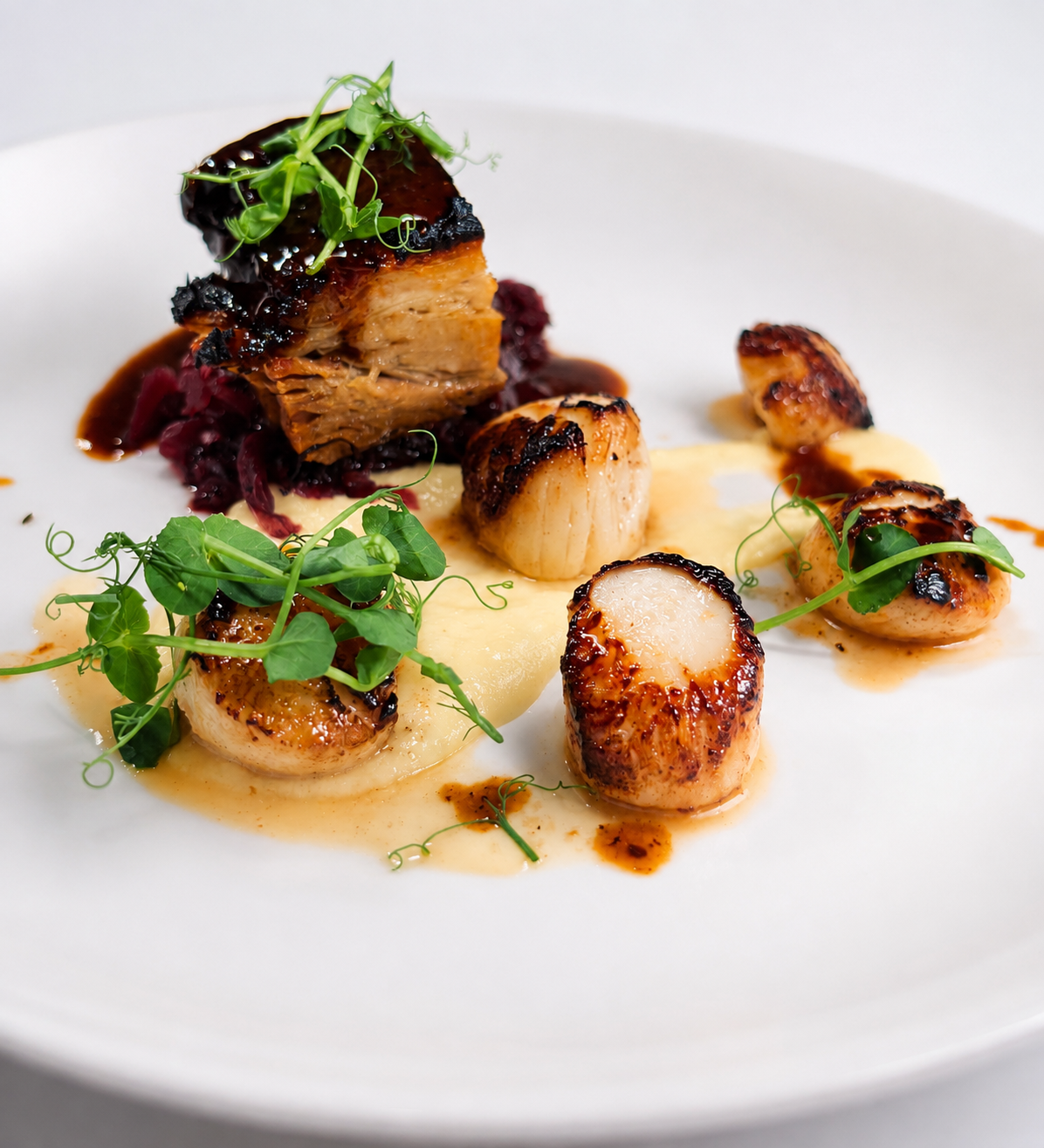 Confit Pork Belly, Red Cabbage, Seared Scallops and Parsnip & Apple Purée