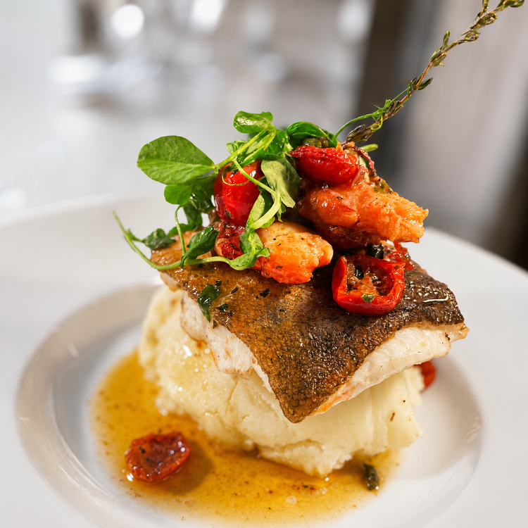 Pan Fried Cod topped with Crab Claws and Sun Dried Tomatoes with Garlic Butter