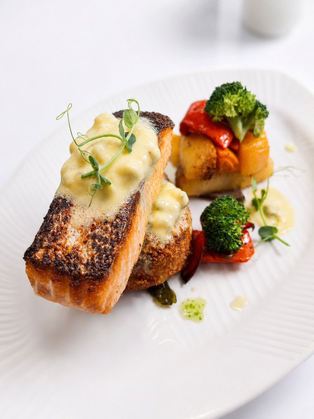 Pan Fried Darne of Salmon on a Crab Meat Fishcake served with Roast Veg and a Tartare Style Hollandaise