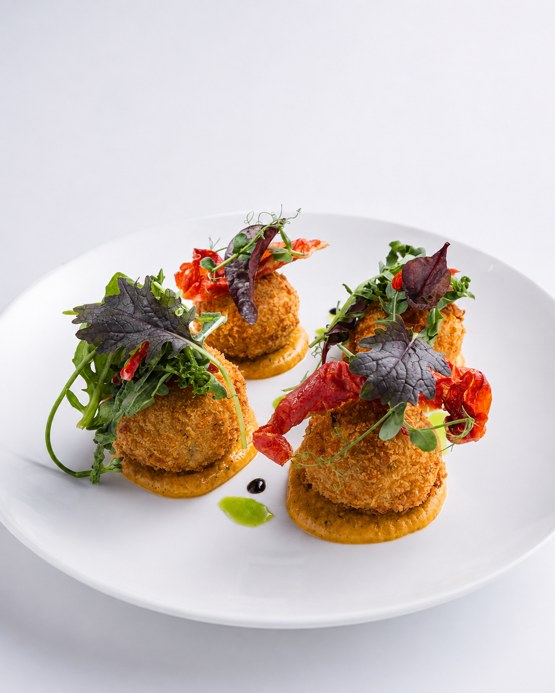 Meyler's BBQ Salmon and Tuskar Crab Arancini, Pesto Calabrese Sauce, Parma Ham Crisp's.