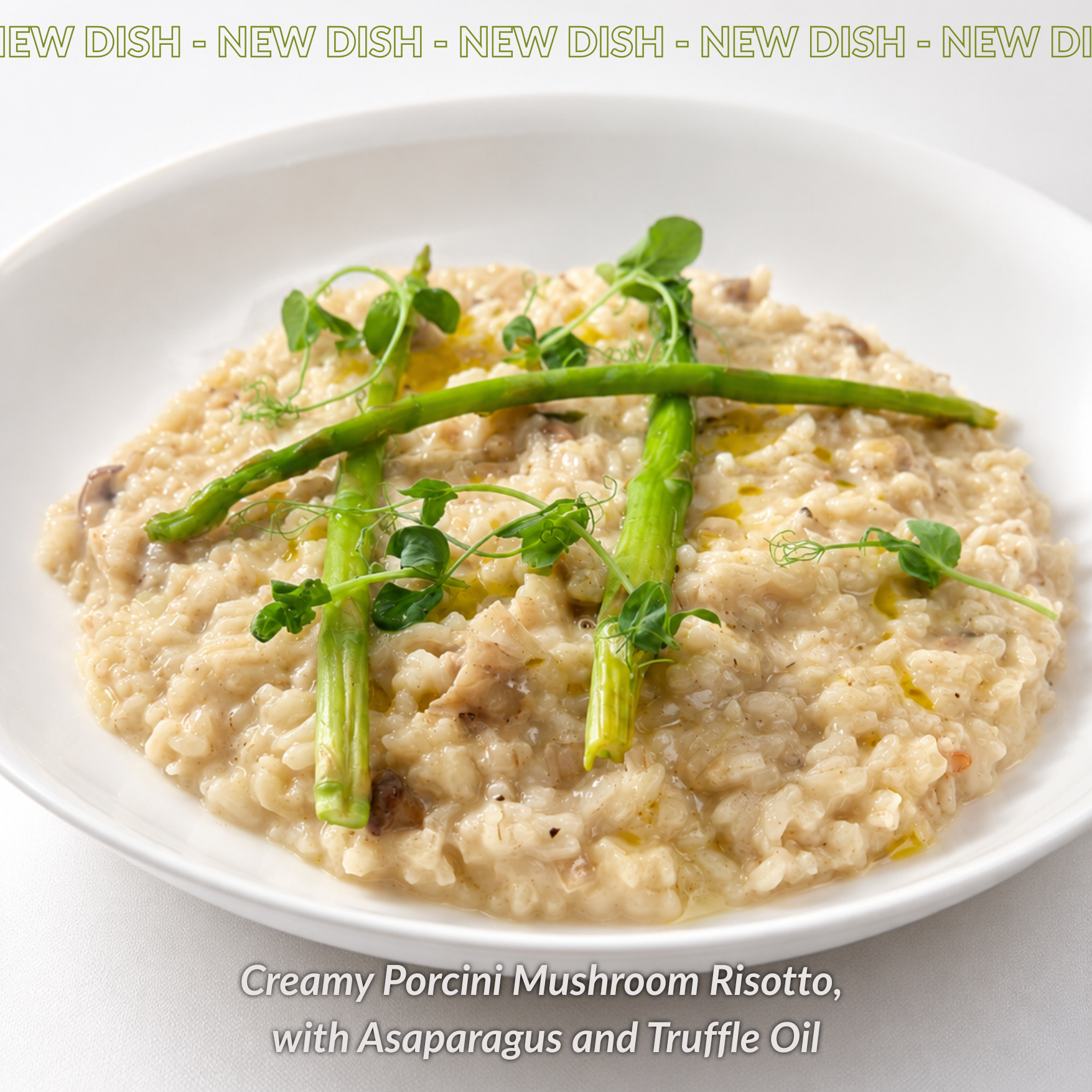 Creamy Porcini Mushroom Risotto with Asparagus and Truffle Oil.