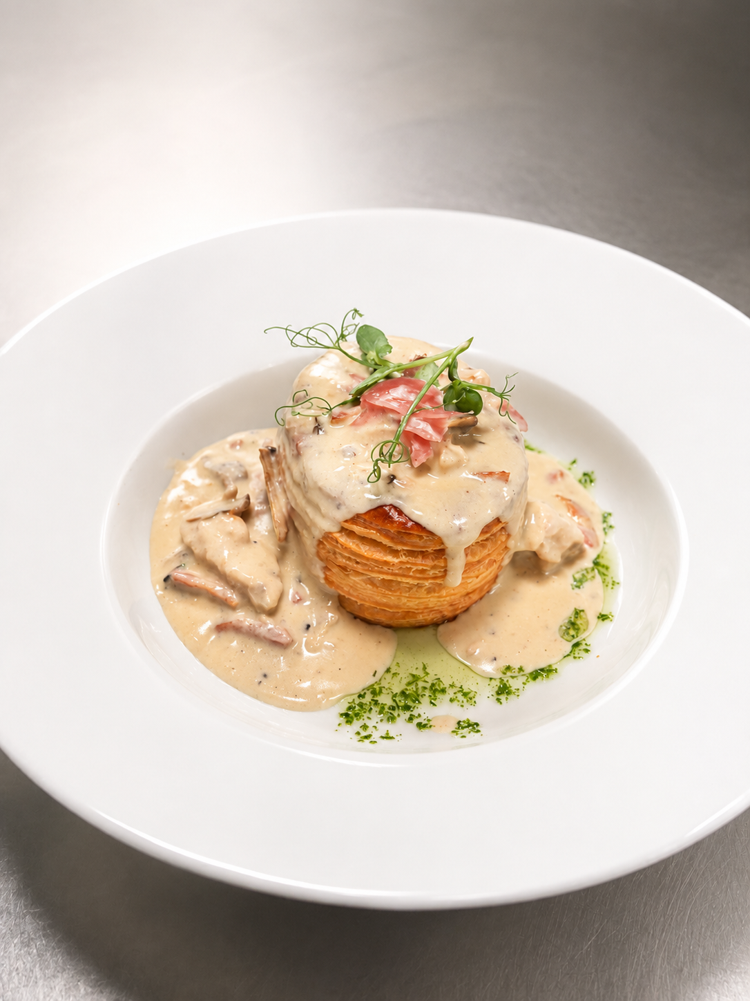 Chicken, Mushroom and Bacon Vol au Vent served in a Creamy Sauce and garnished with Tarragon Oil.