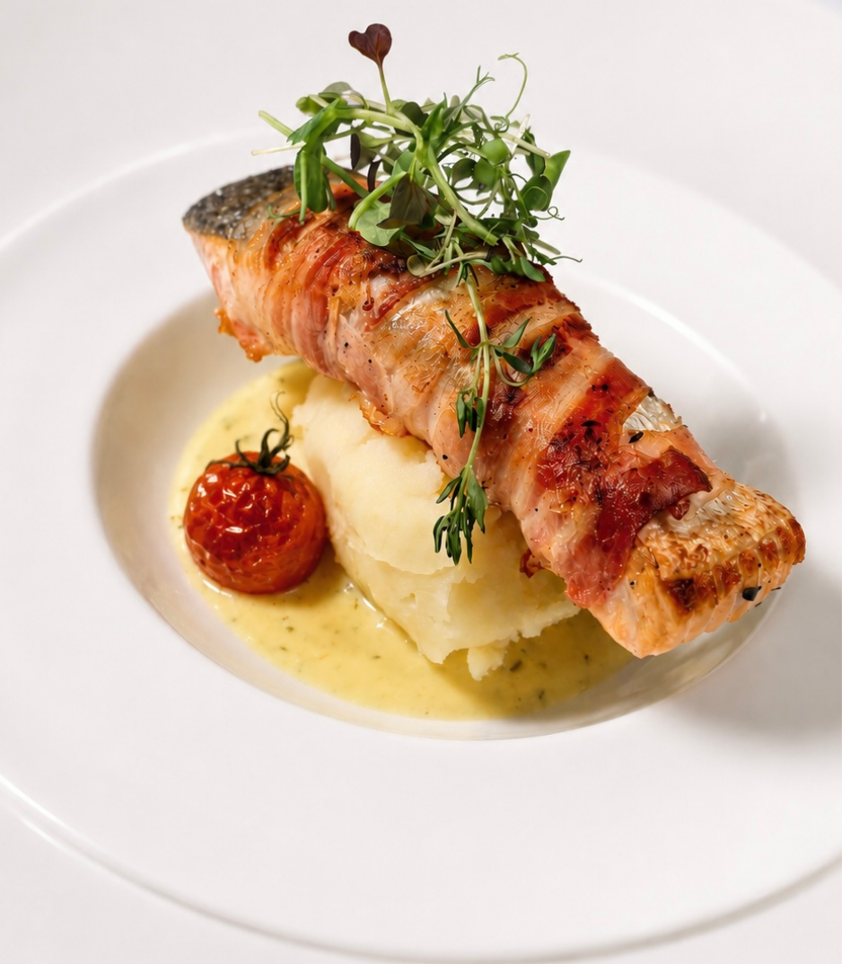 Salmon Darne wrapped in Pancetta Bacon served with a Lemon and Dill Cream Sauce.