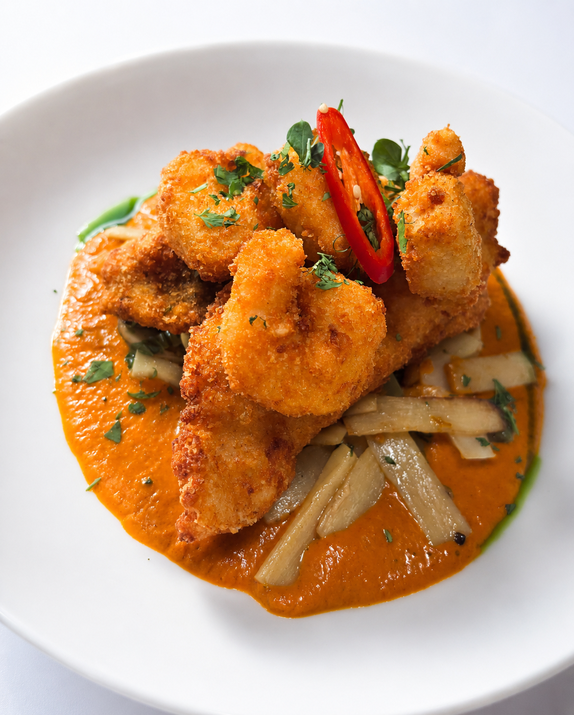 Duo of Seafood - Panko Crumbed Lemon Sole and Prawn's on a bed of Sweet Potato, Mushroom, Spinach and Bamboo Shoots - Served with Tom Yum Sauce.