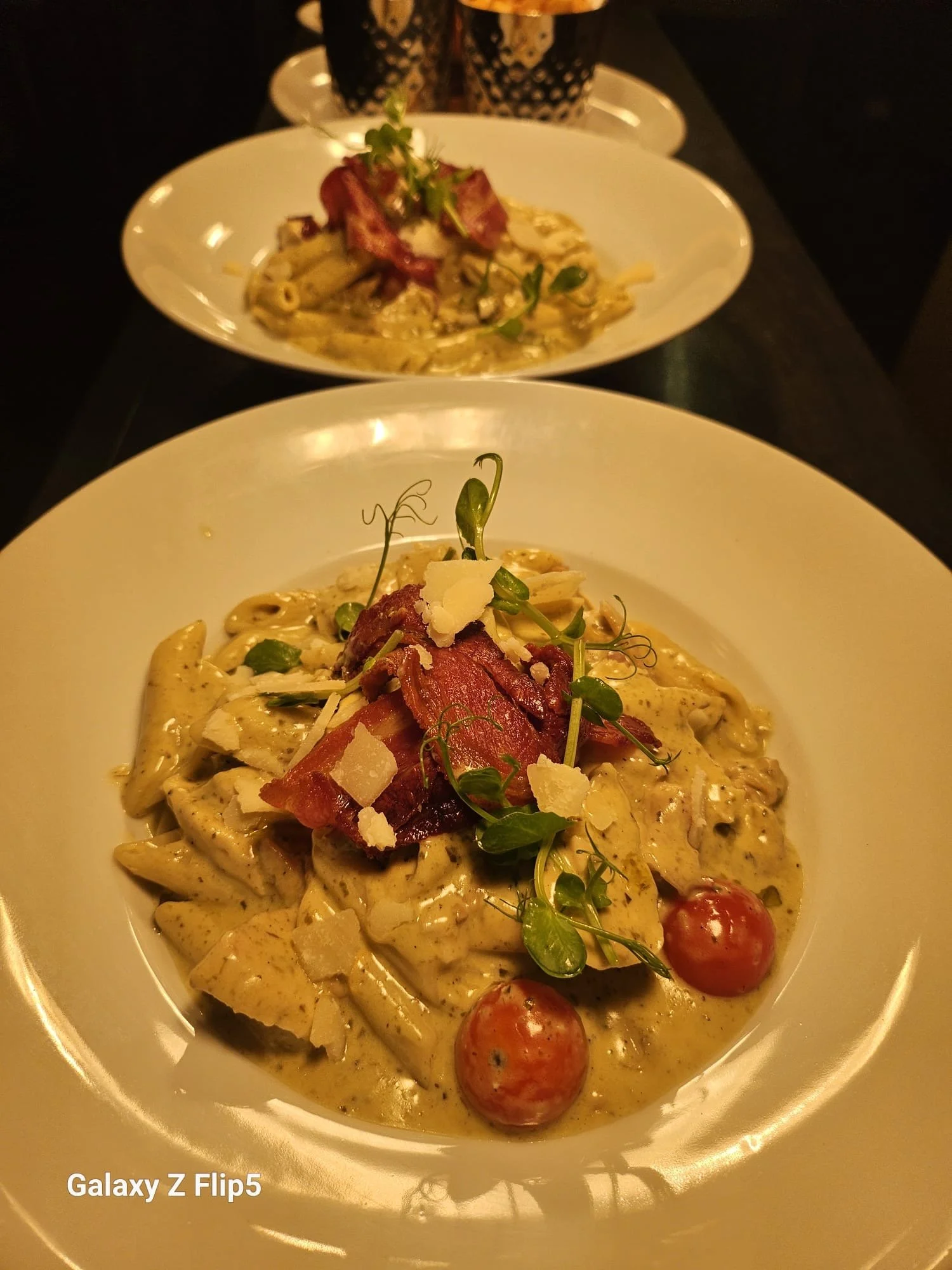 Penne Pasta in a Pesto Cream Sauce with Smoked Bacon and Chicken