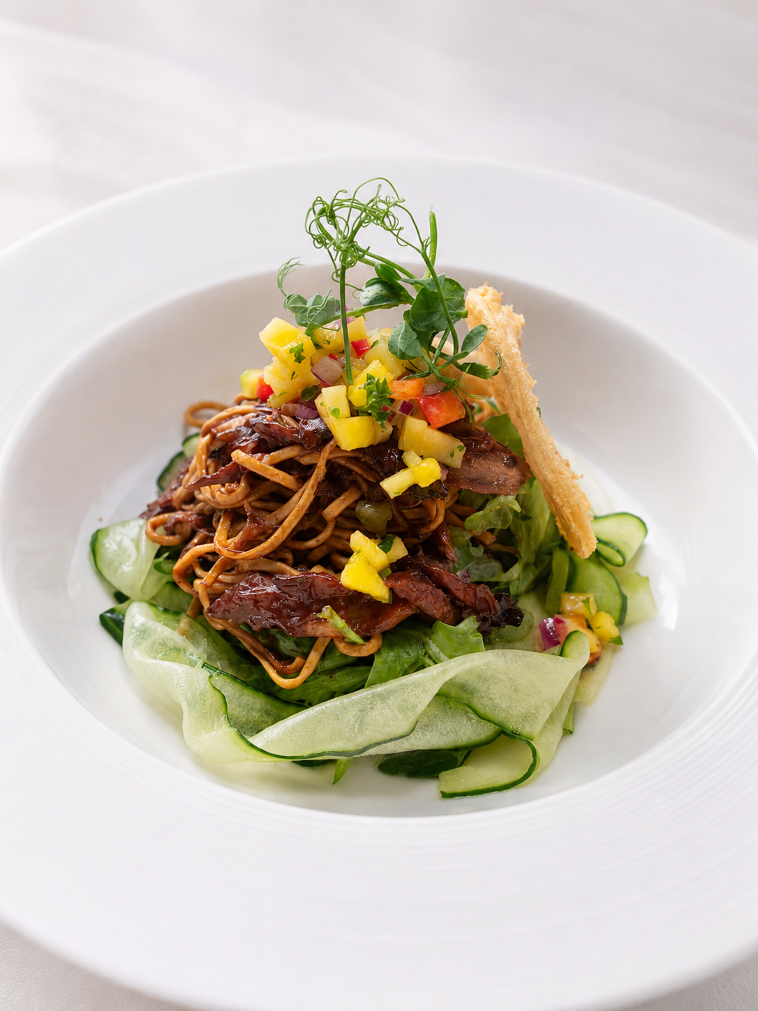 Confit Duck served with Egg Noodle Salad, Pickled Cucumber and topped with a Mango Salsa. 