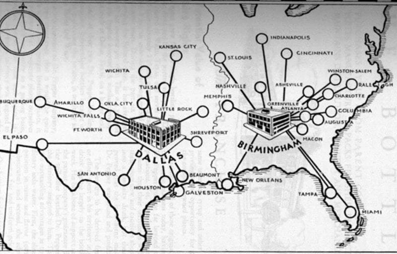 A vintage map of the southeastern United States highlighting major cities and regions, with illustrations of commercial buildings over Dallas and Birmingham.