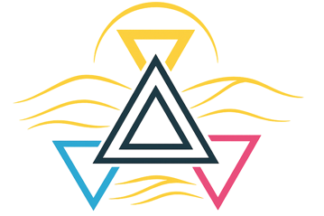 Abstract logo featuring overlapping triangles in yellow, black, pink, and blue with wavy lines in matching colors