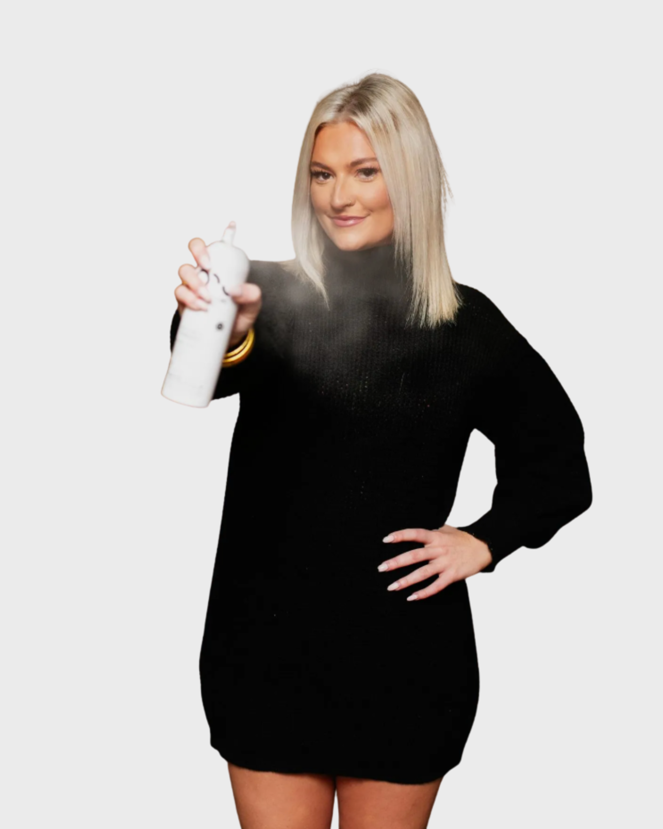 Woman with blonde hair wearing a black dress, holding a spray bottle.