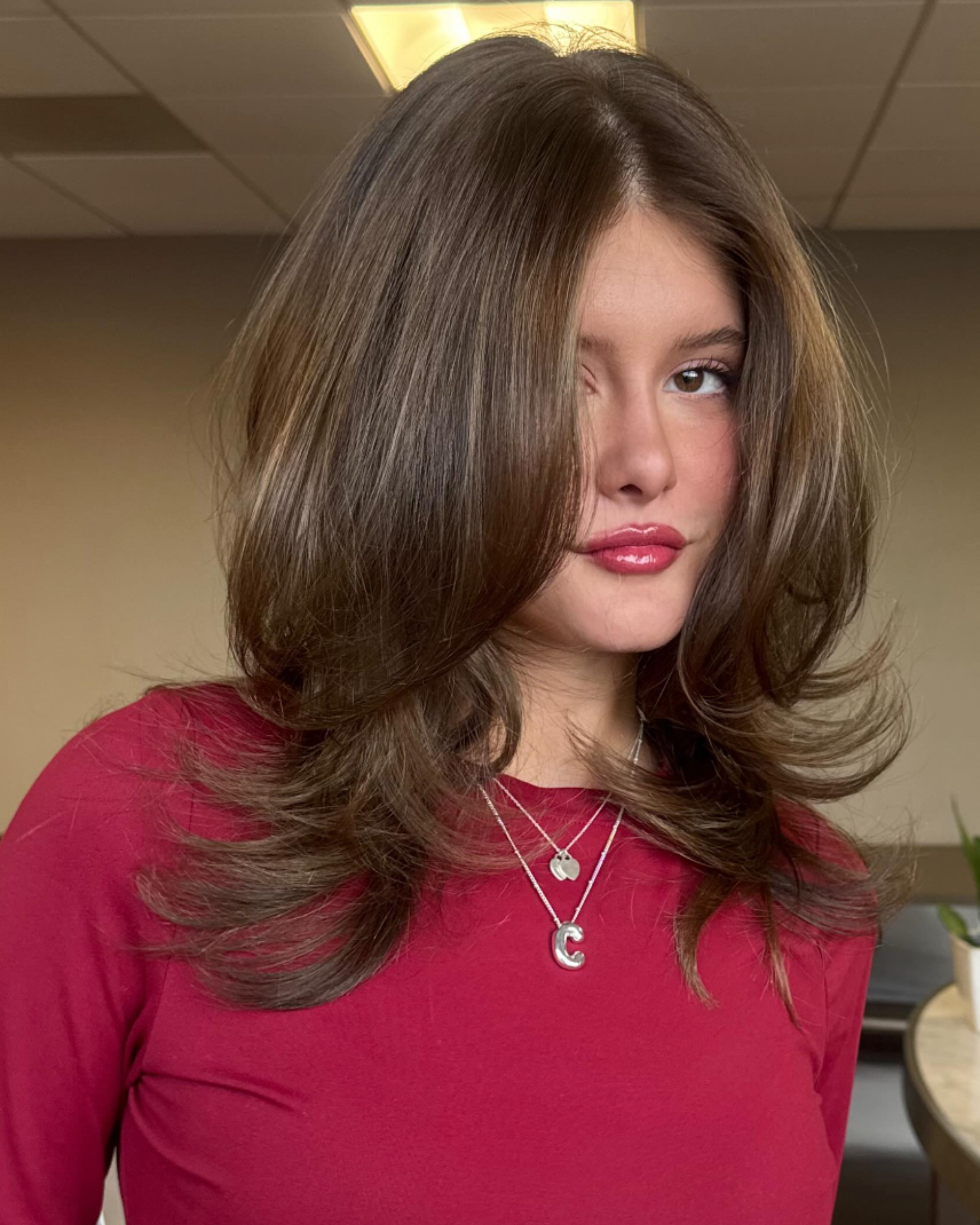 Long layered brunette haircut in Columbia, SC