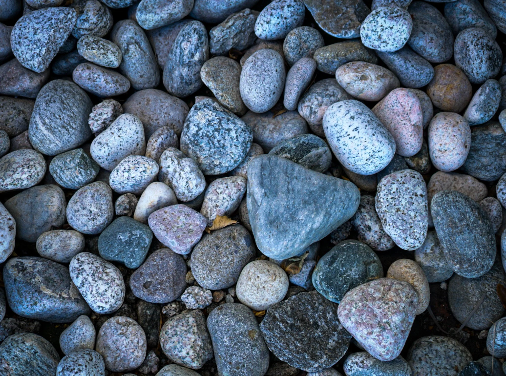 A collection of various-sized rounded stones and pebbles, some with patches of lichen or moss, in shades of gray, white, and pink.