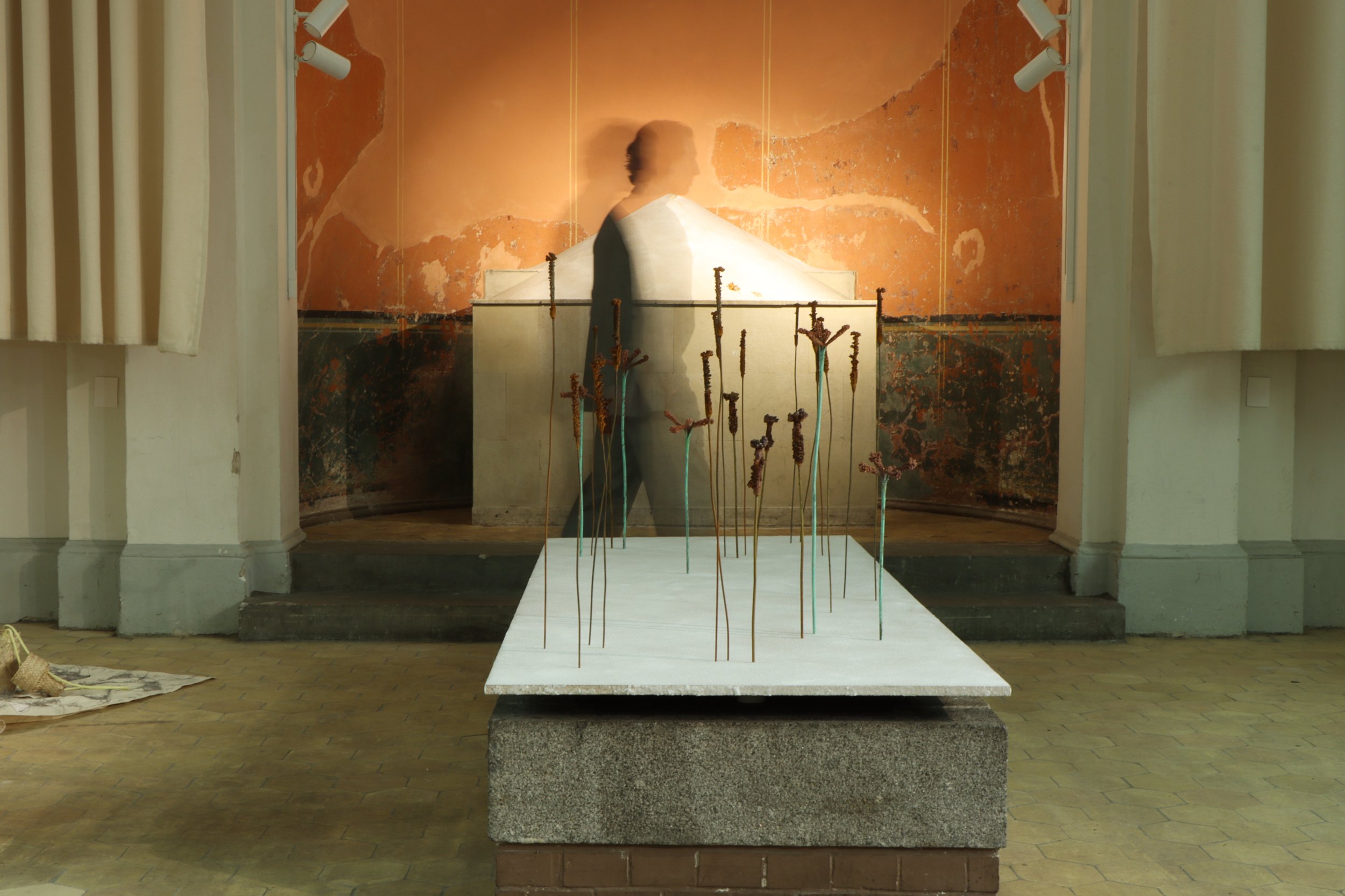 An art installation featuring a series of slender, vertical, rust-colored objects on thin sticks placed on a white platform in a gallery space. Behind the installation is an aged, peeling wall with a portrait of a woman in profile. The scene is illum