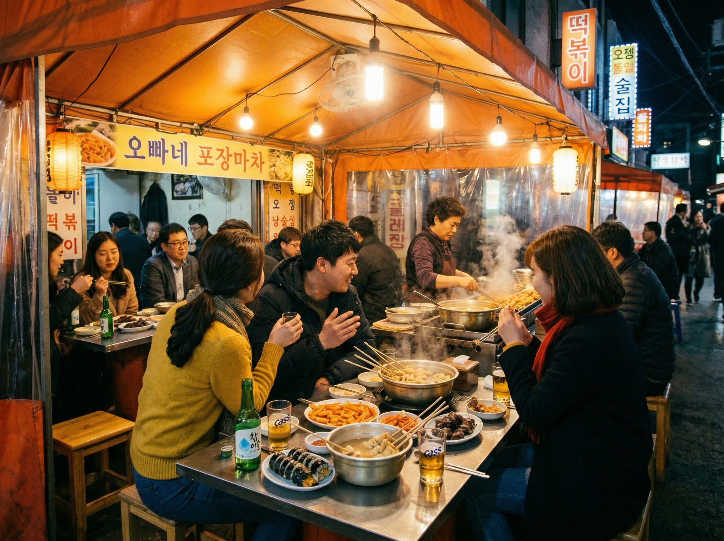 Gruppo di persone che mangiano e socializzano in un ristorante tradizionale coreano pojangmacha, con stufati e cibo alla griglia, atmosfera calda in una strada affollata di sera.