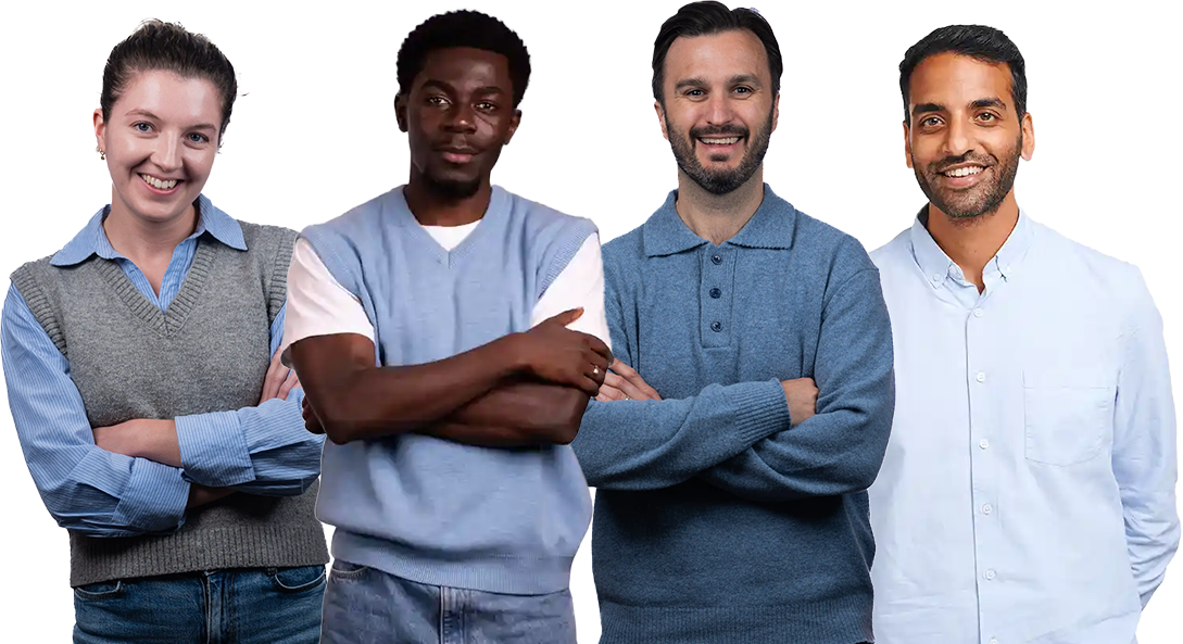Four diverse adults standing together with arms crossed, smiling, in casual attire, in front of a plain background.