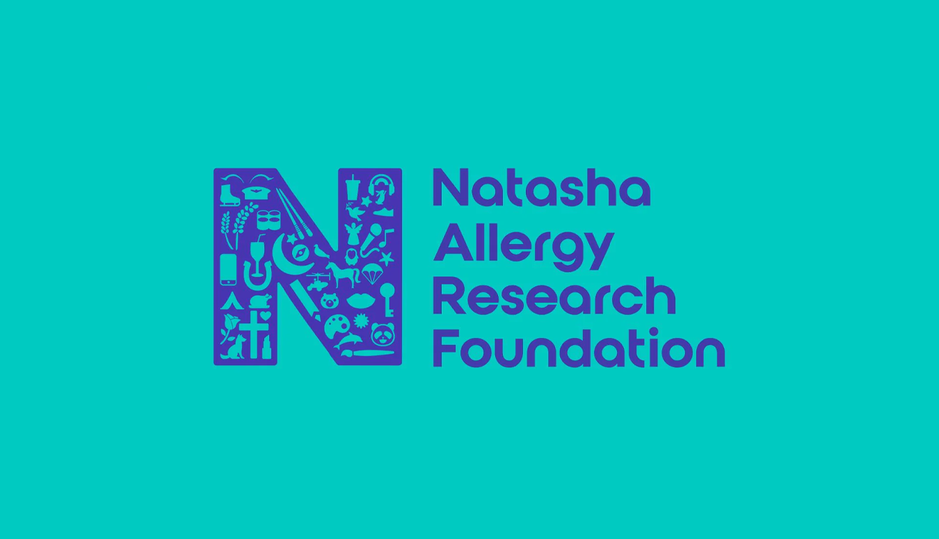 Logo of the Natasha Allergy Research Foundation with a large letter 'N' filled with icons related to allergies and health, next to the organization's name on a teal background.