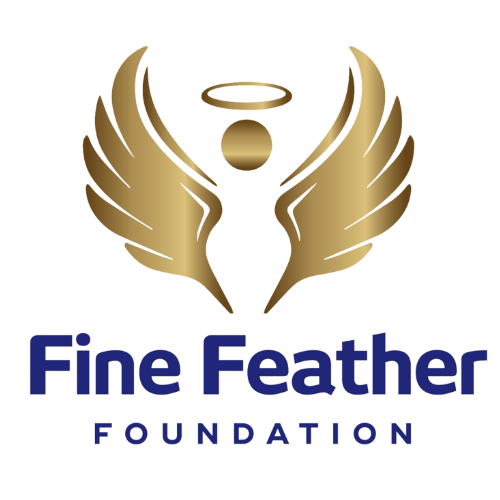 A logo featuring a stylized golden eagle with spread wings and a halo above its head, alongside the text 'Fine Feather Foundation' in bold blue letters.