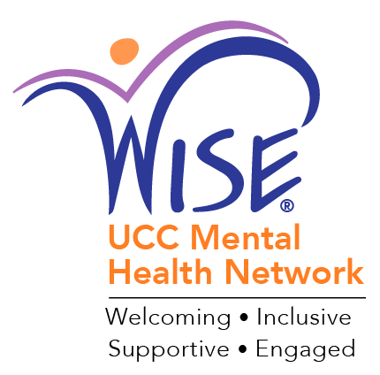 Logo for WISE UCC Mental Health Network featuring a stylized person with outstretched arms, purple and blue lines forming a wave, and orange text.