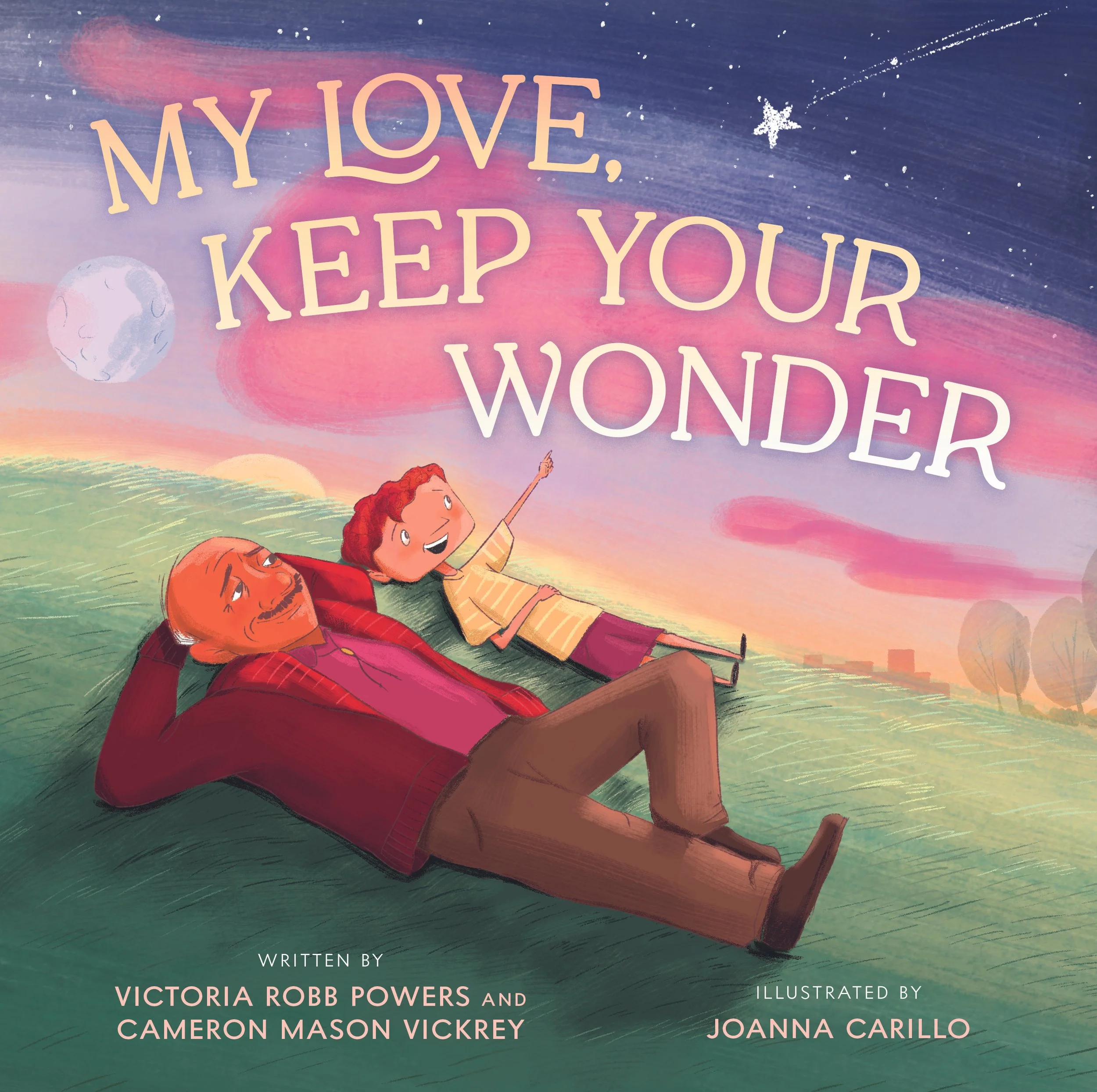 The image features a colorful, dreamy background with a star, moon, and whimsical sky scene, along with the text "My Love, Keep Your Wonder" in large, playful font. There are cartoon characters of a woman and a man lying on the grass, gazing up at the sky.