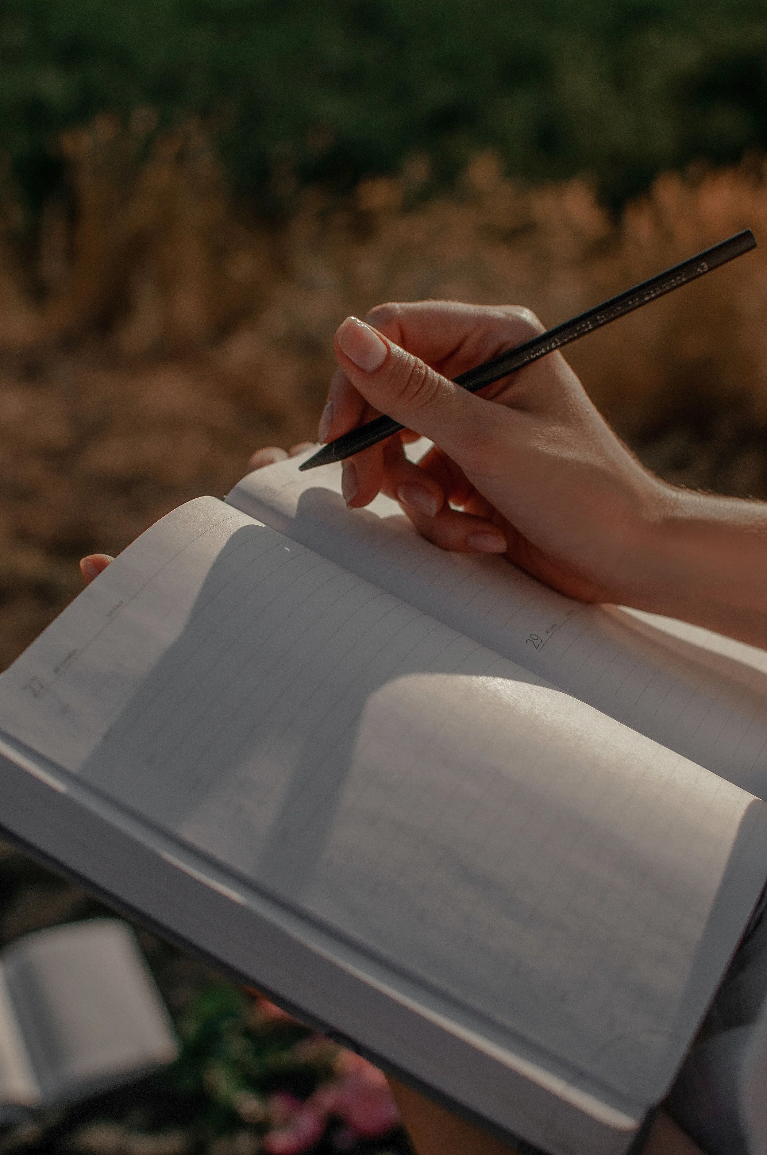 Close-up of a person's hand holding a black pen and writing in a lined notebook outdoors, with blurred natural background.