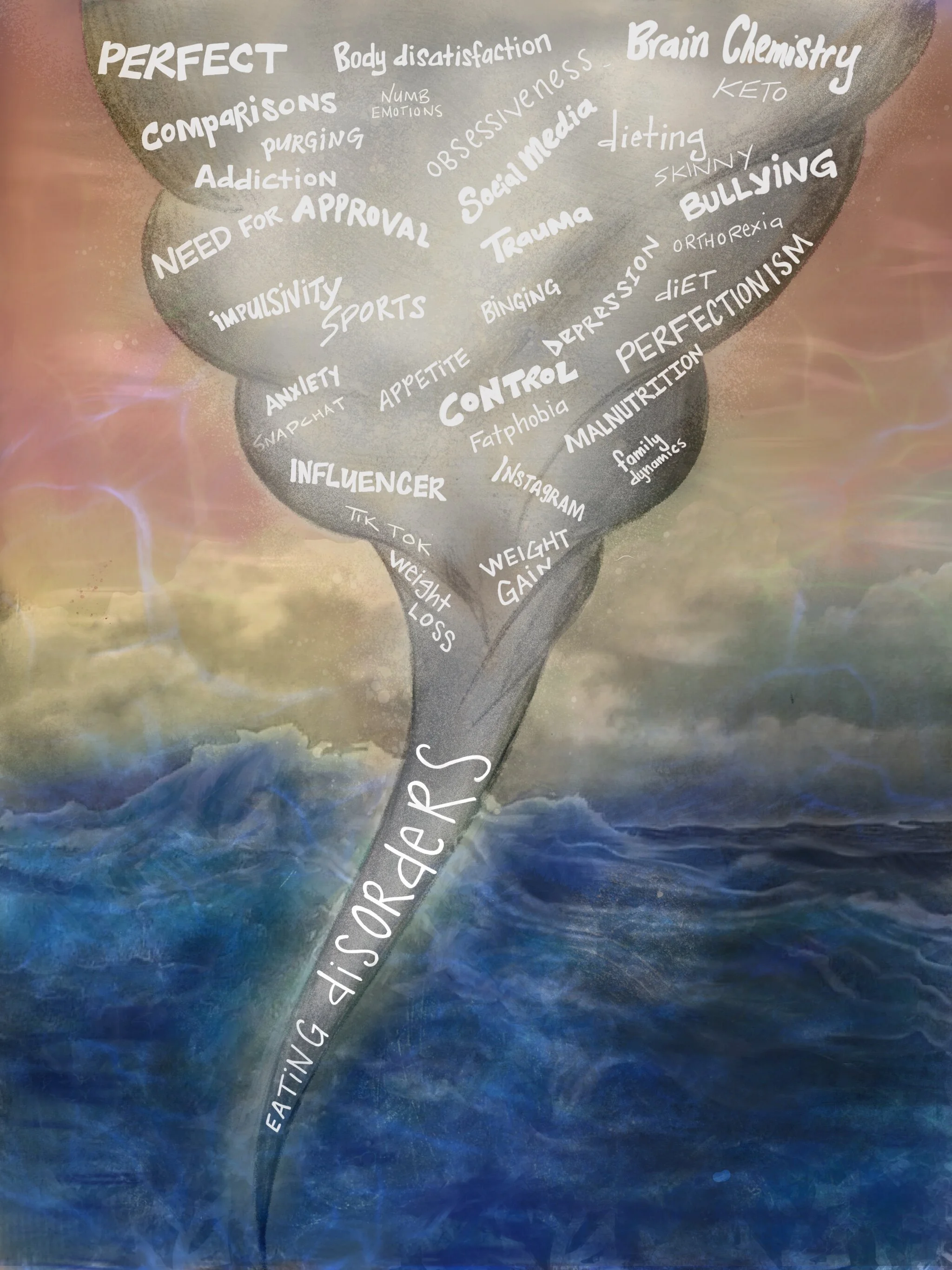 A heart-shaped cloud of words with emotional and mental health topics written in white text, set against a dark, stormy sky background with lightning in the distance.