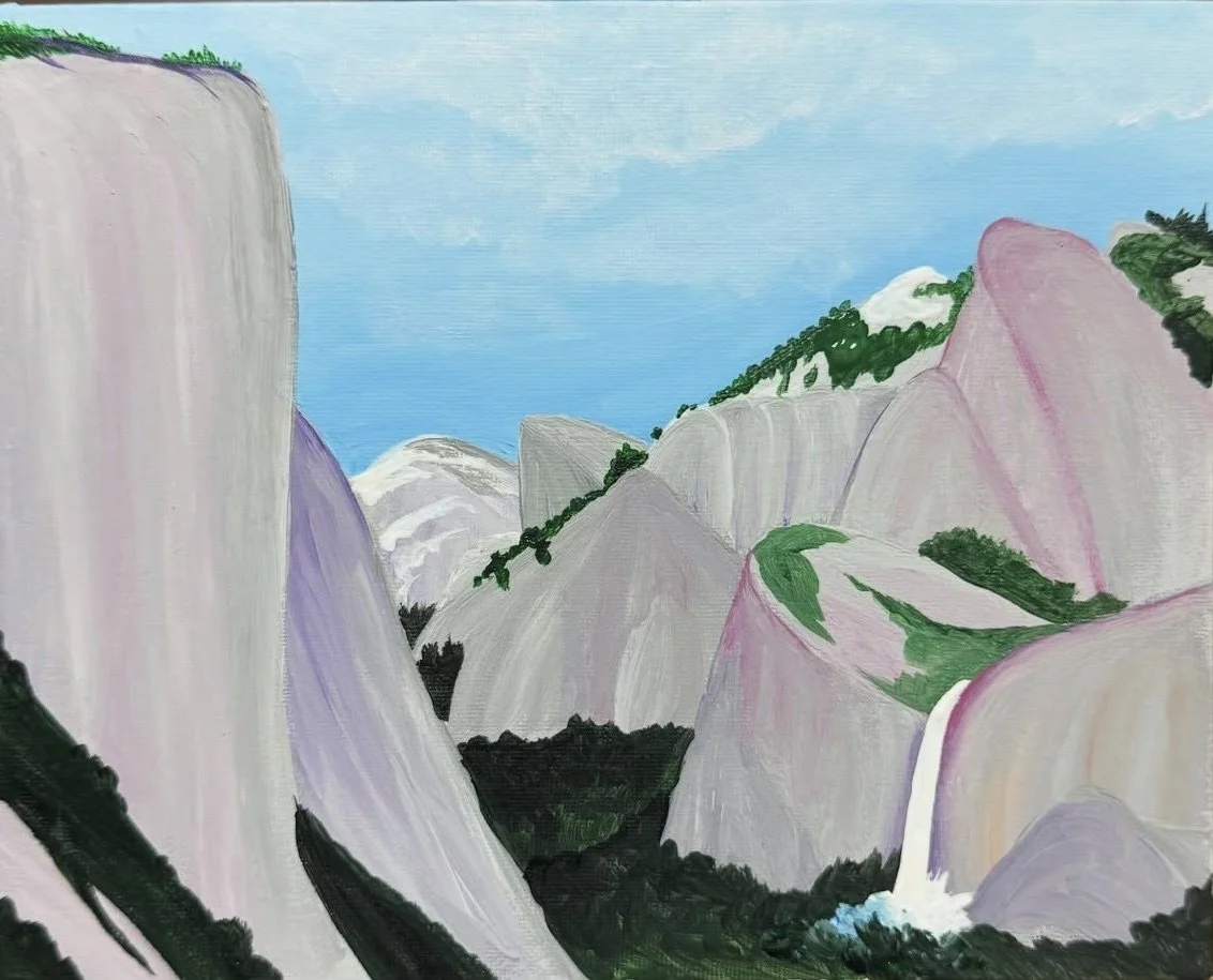 Painting of a mountainous landscape with tall, light-colored cliffs, green vegetation, and a blue sky with some clouds.