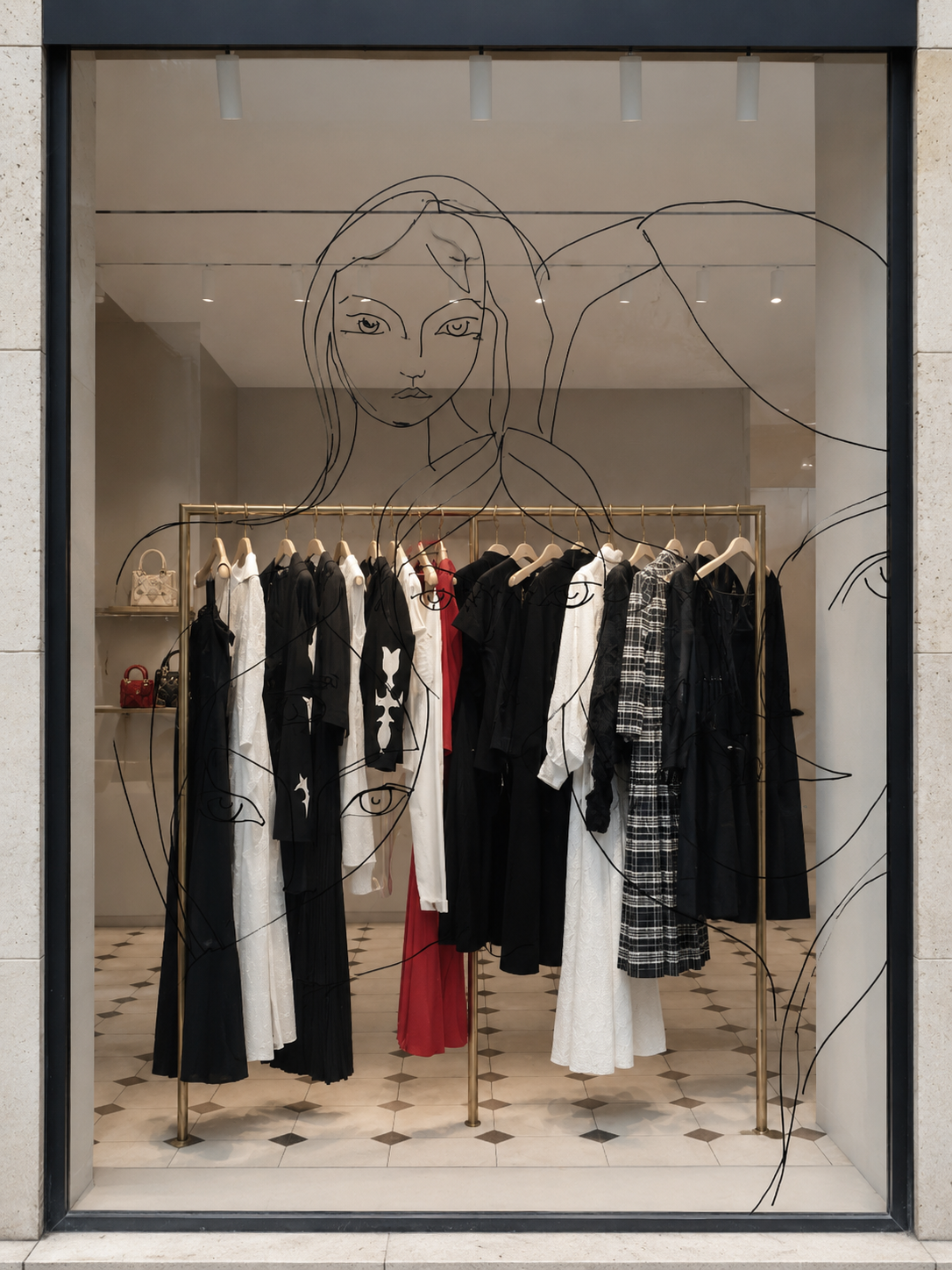 Vitrine d'une boutique de vêtements avec des vêtements noirs, blancs, rouges et à motifs en toile rayée noir et blanc, derrière une illustration de ligne dessinant le visage d'une femme, dans un style minimaliste et artistique.