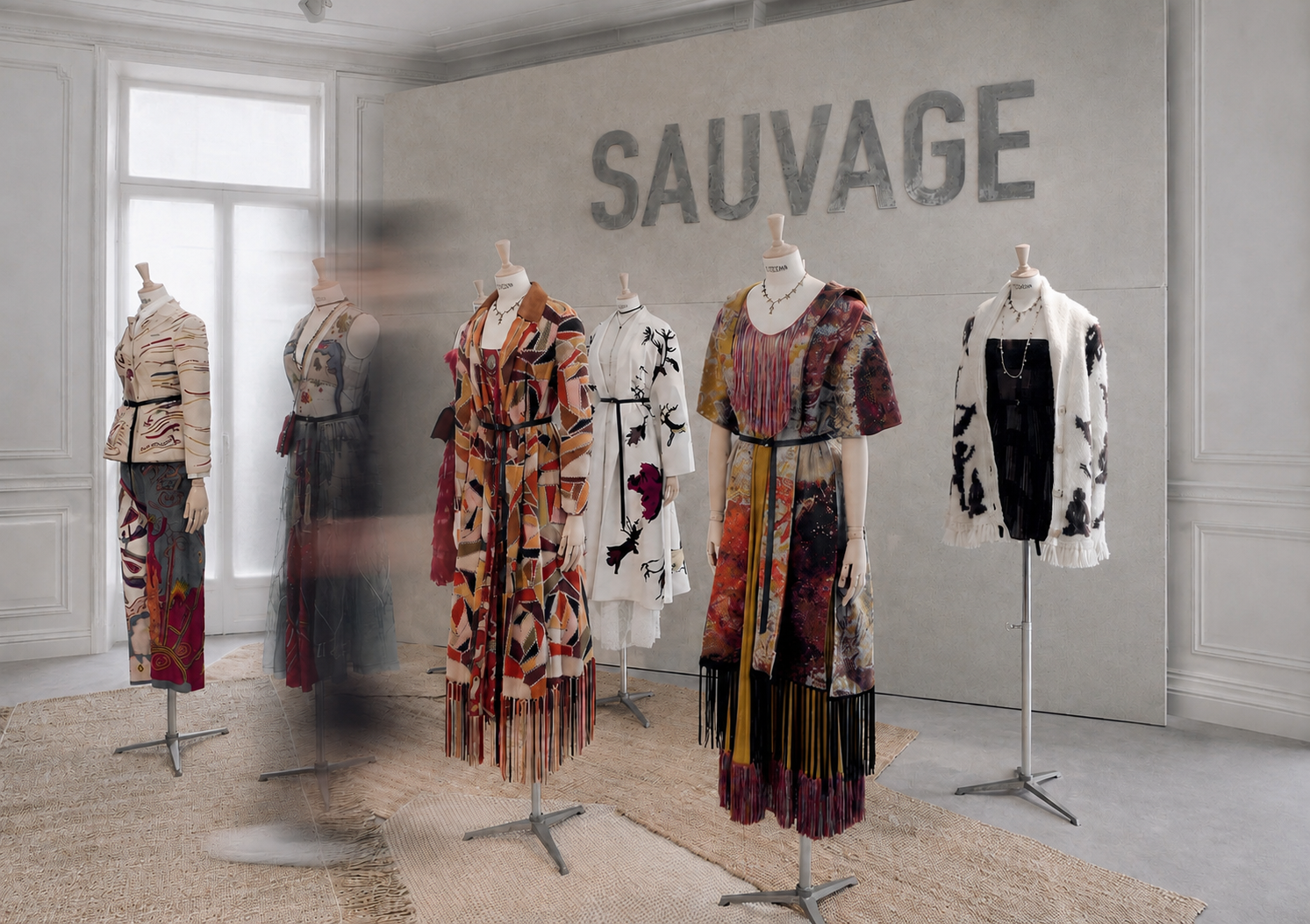 Mannequins portant des robes et vêtements colorés dans une boutique avec le mot 'SAUVAGE' en lettres sur le mur.