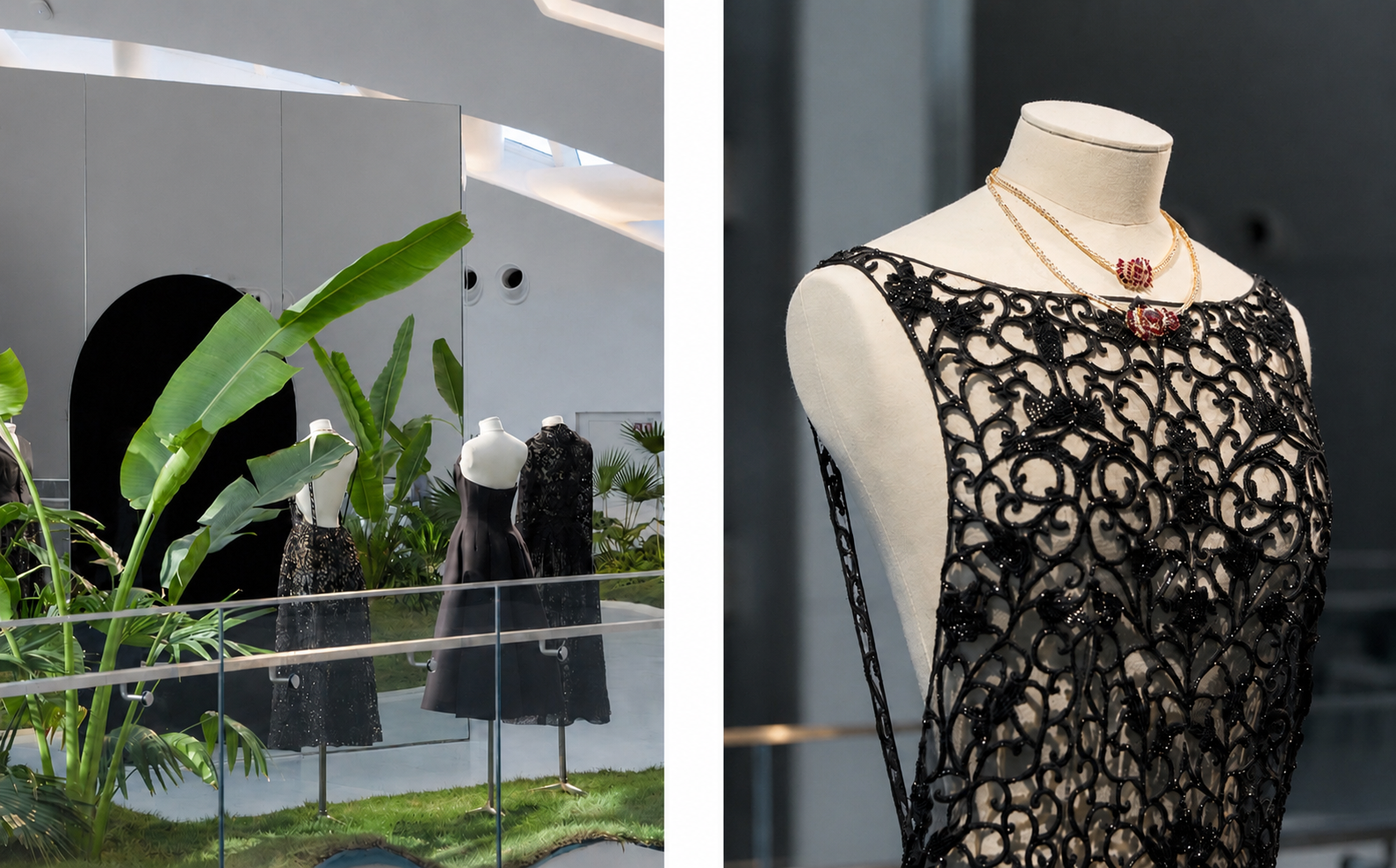 Exposition de robes élégantes, avec trois mannequins portant des robes noires avec des détails en dentelle ou broderie, dans un environnement moderne avec des plantes vertes et un décor épuré. Détail rapproché d'une robe à interdit en fil noir avec des bijoux en or et en rubis, sur une mannequin.