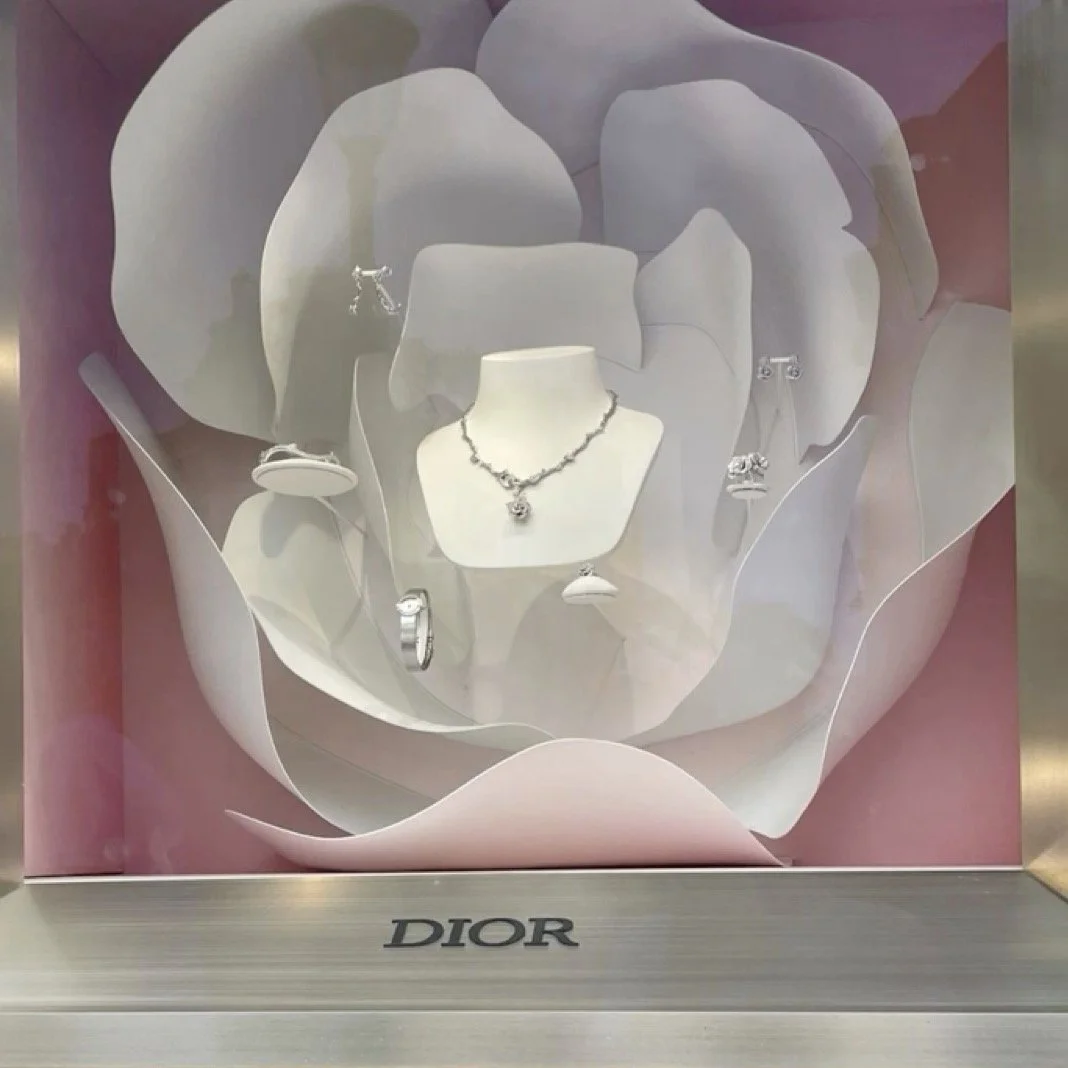 Une vitrine de bijoux Dior avec des accessoires en argent, dont un collier, une bague, une paire de boucles d'oreilles et une broche, exposés dans une décoration de type fleur ou rose.