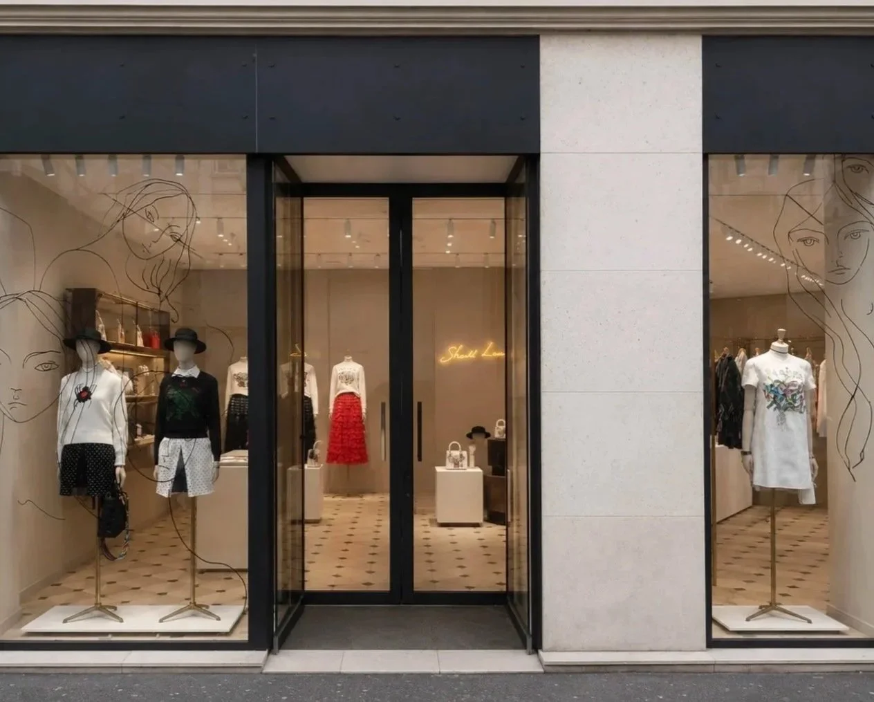 Vitrine d'une boutique de vêtements avec mannequins portant des tenues, décor en lignes dessinées sur les vitrines, et un éclairage chaud intérieur.
