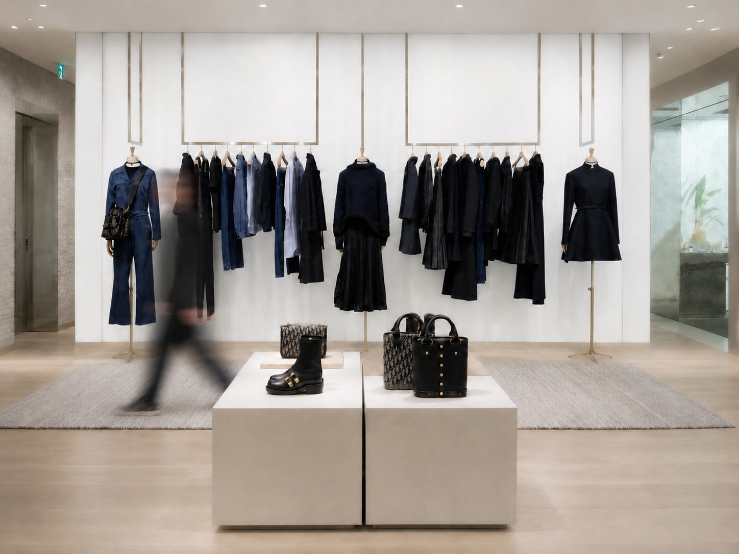 Vitrine de vêtements féminins noirs et bleus, possibilité de mannequin portant une combinaison bleue avec sac à bandoulière noir, autres vêtements suspendus avec sacs et chaussures sur des tables