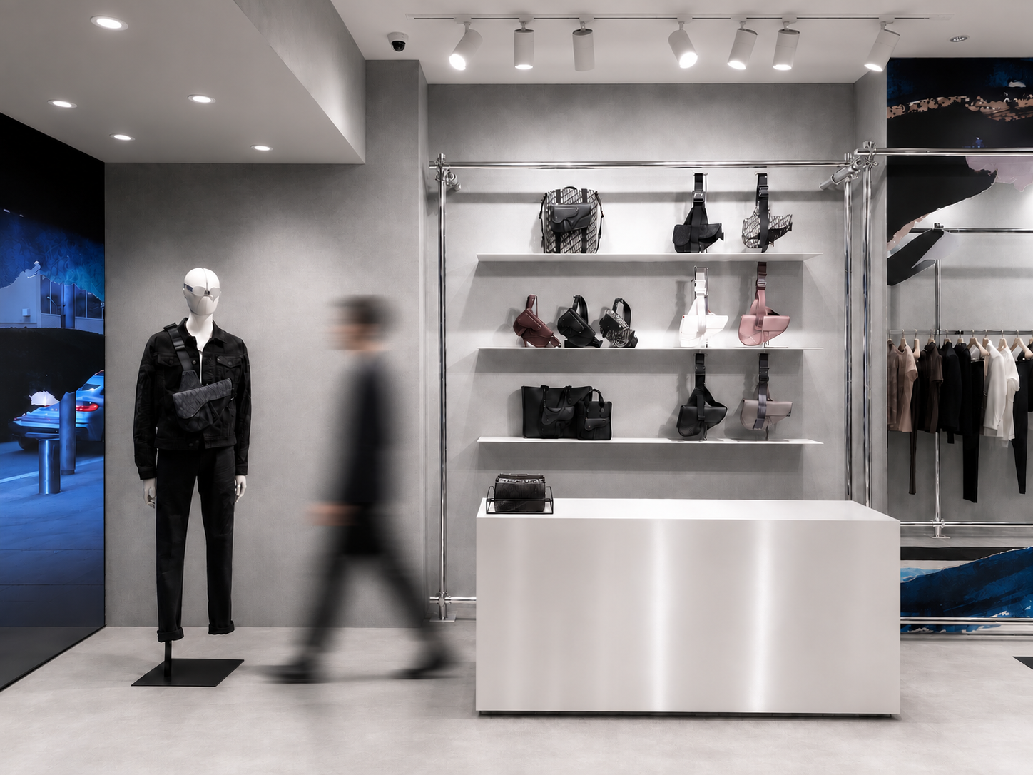 Vitrine d'un magasin avec un mannequin habillé en noir à gauche, des sacs à main de différentes couleurs sur des étagères et des vêtements suspendus sur un rail à droite, dans une ambiance moderne et épurée.