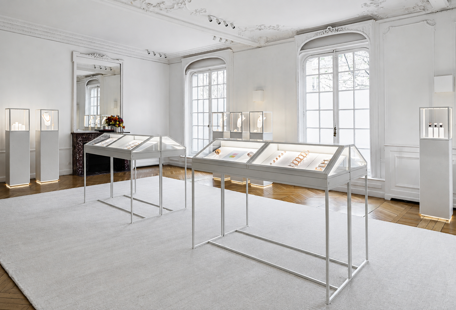 Une salle d'exposition élégante avec des vitrines contenant des bijoux en or et des accessoires de joaillerie, dans une pièce lumineuse avec des fenêtres grandes et des détails classiques sur les murs et le plafond.