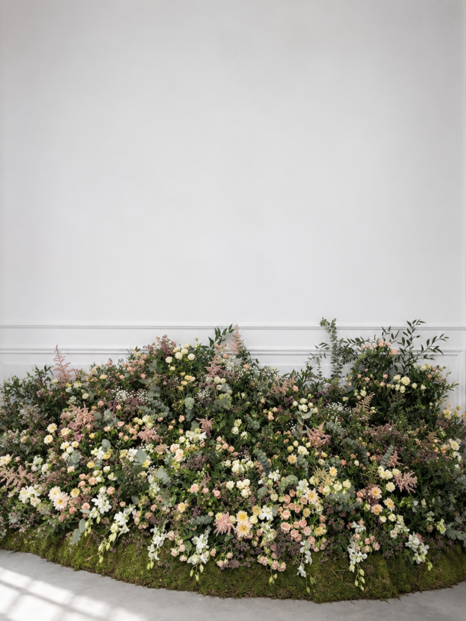 Un arrangement floral avec diverses fleurs et feuillages disposés au sol devant un mur blanc.